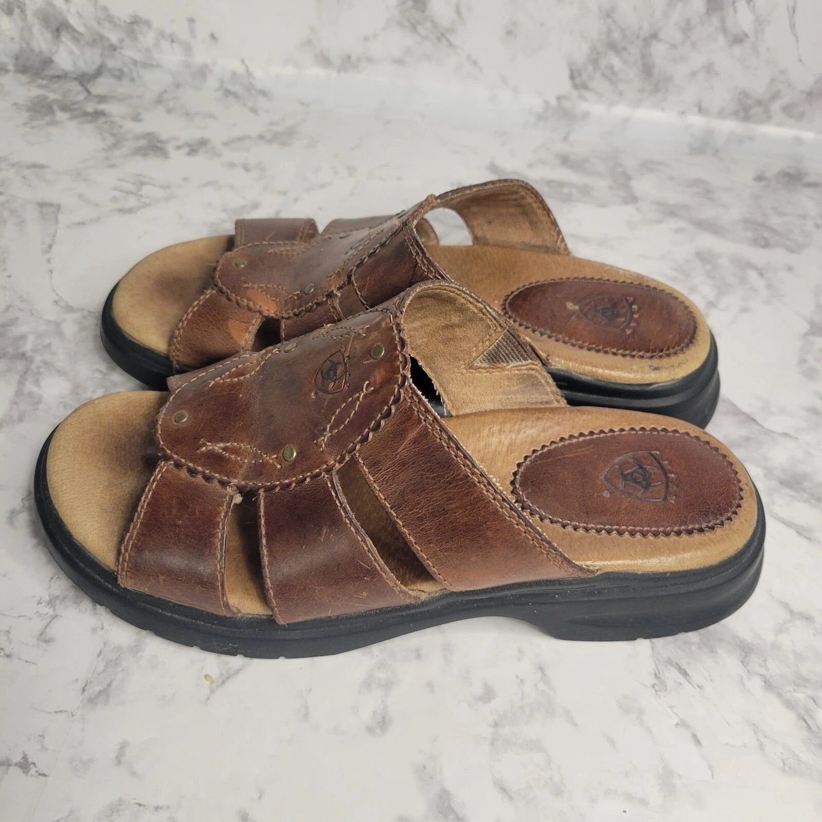Ariat Brown Leathers Strap Brass Stud Slides Sandal Style 21443 Womens 6B Farm