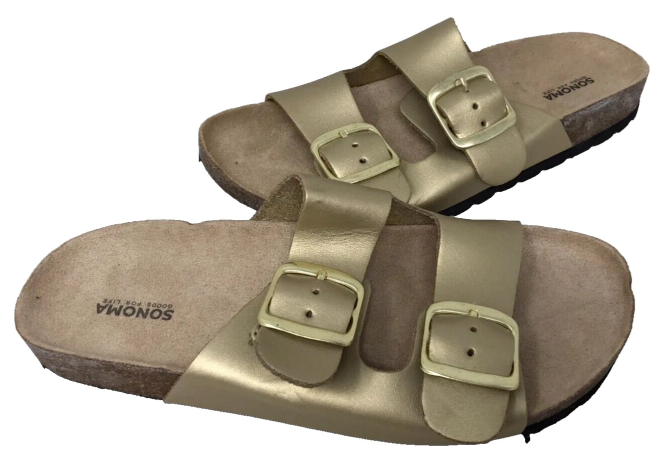 Sonoma Women's Artwork Double Buckle Leather Slide Sandals Gold Size:9 201E
