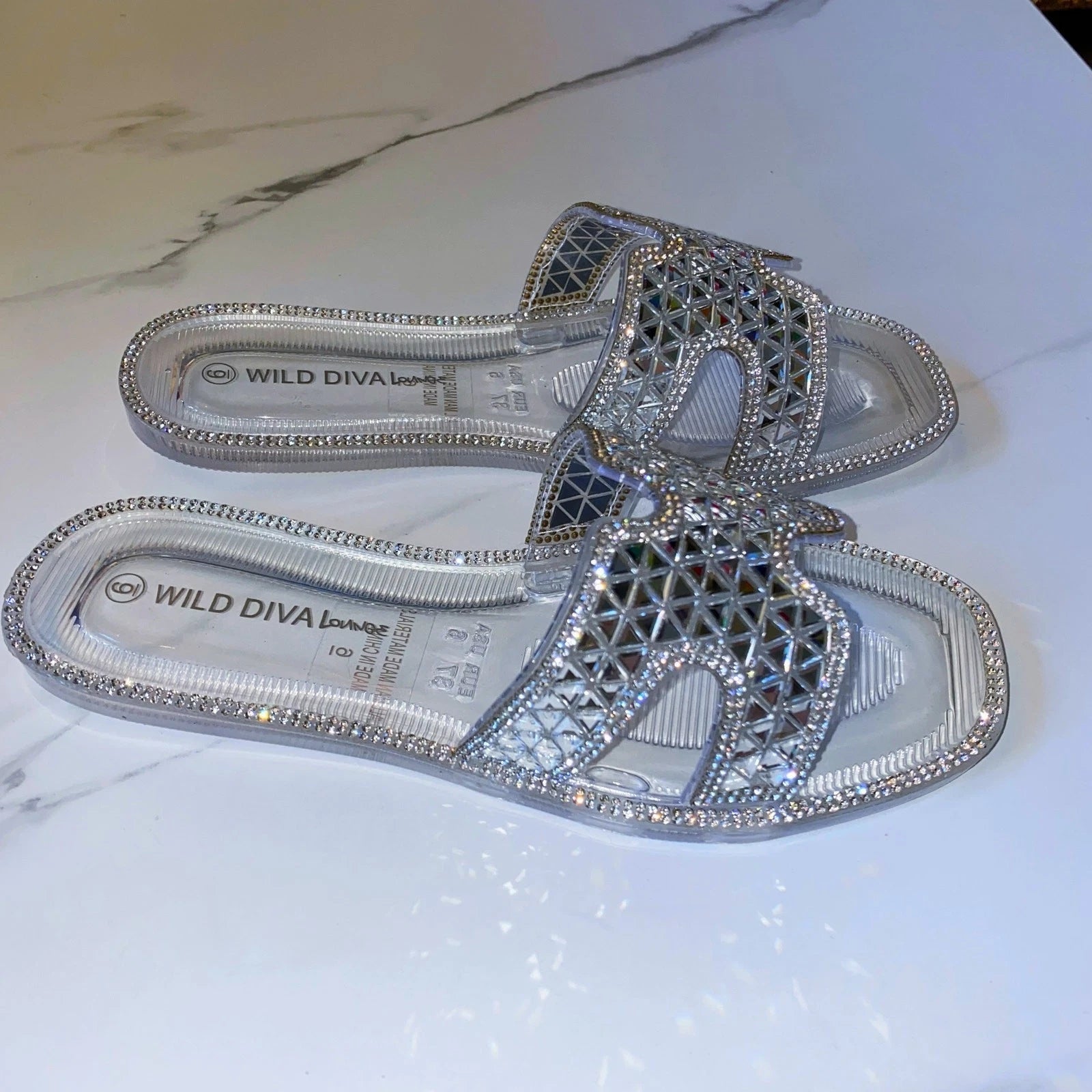NEW 2x pairs 6 Clear Black Jelly Flat Sandals Wedding Slides Rhinestone Silver