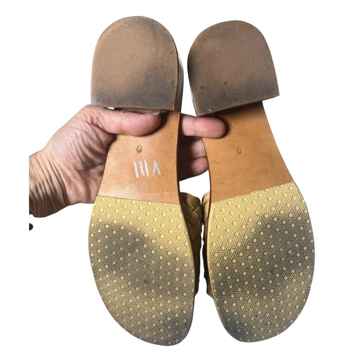 Liberte Woven Slide Sandals Block Heel Tan Leather Size 9