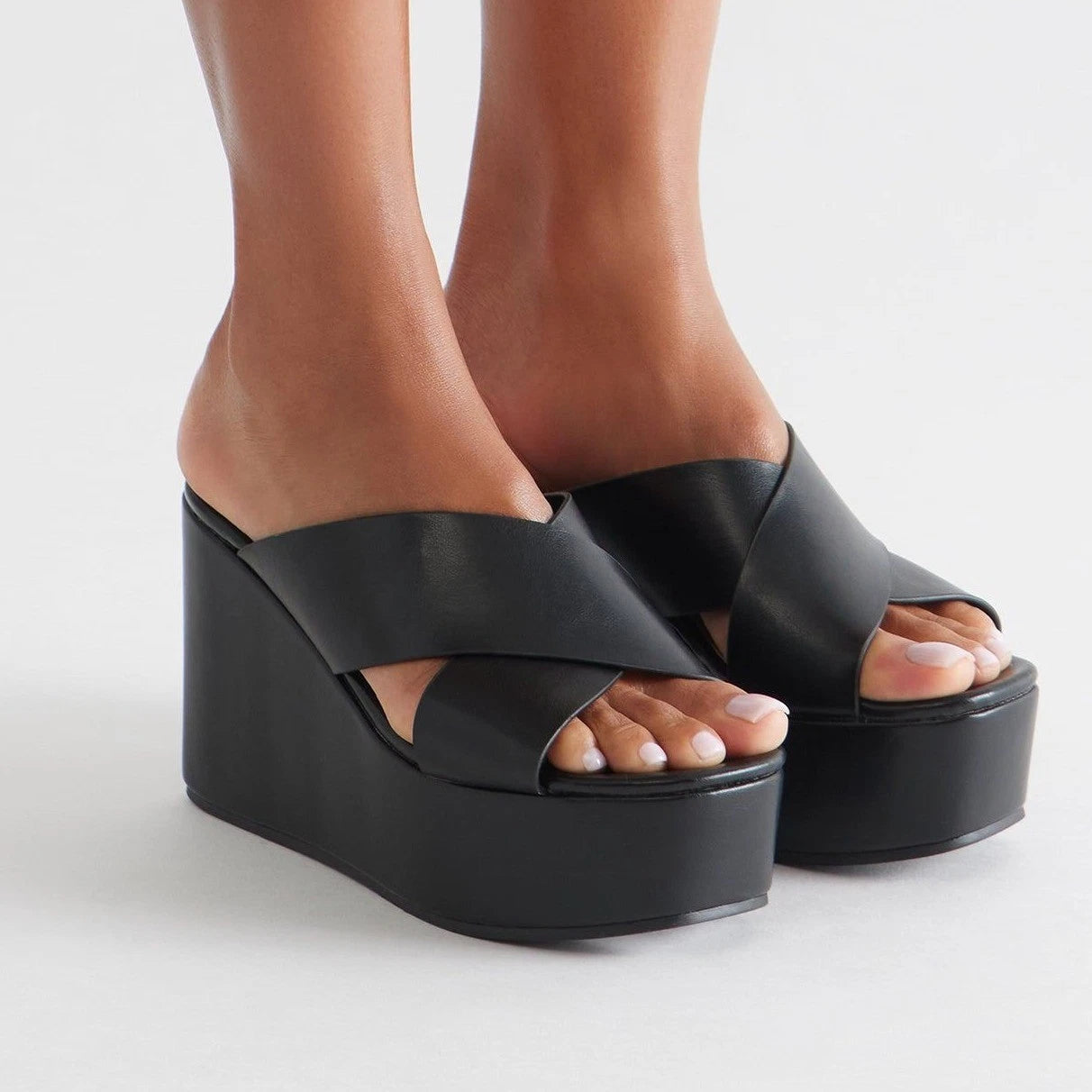 New 7 Fashion Nova Black Mezcal Platform Wedge Sandals Criss Cross Mule Open Toe