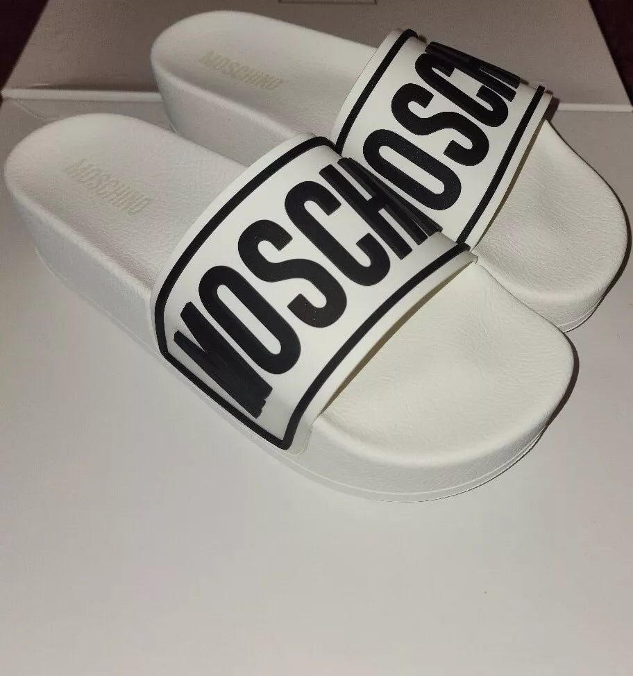 Moschino Womens 8.5 EU 41 Logo Platform Slides Sandals White Black Pool Tulum