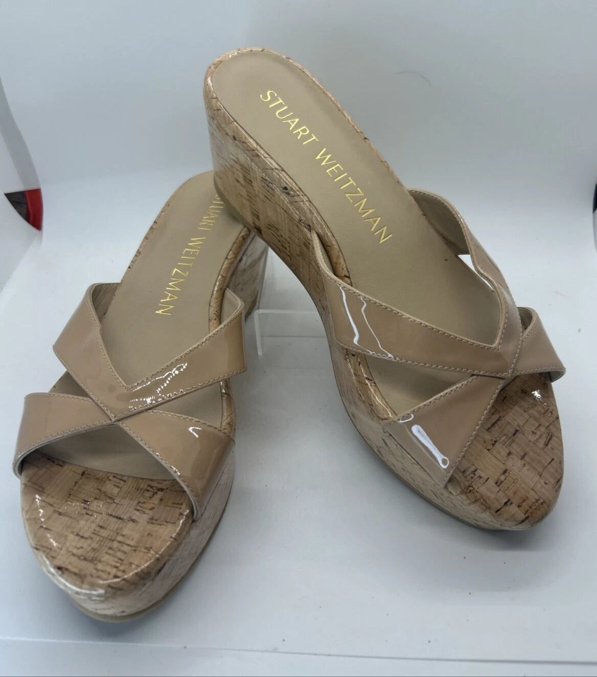 Stuart Weitzman CARMEN Platform Wedges 8 Adobe Slide Sandal Patent Leather $395