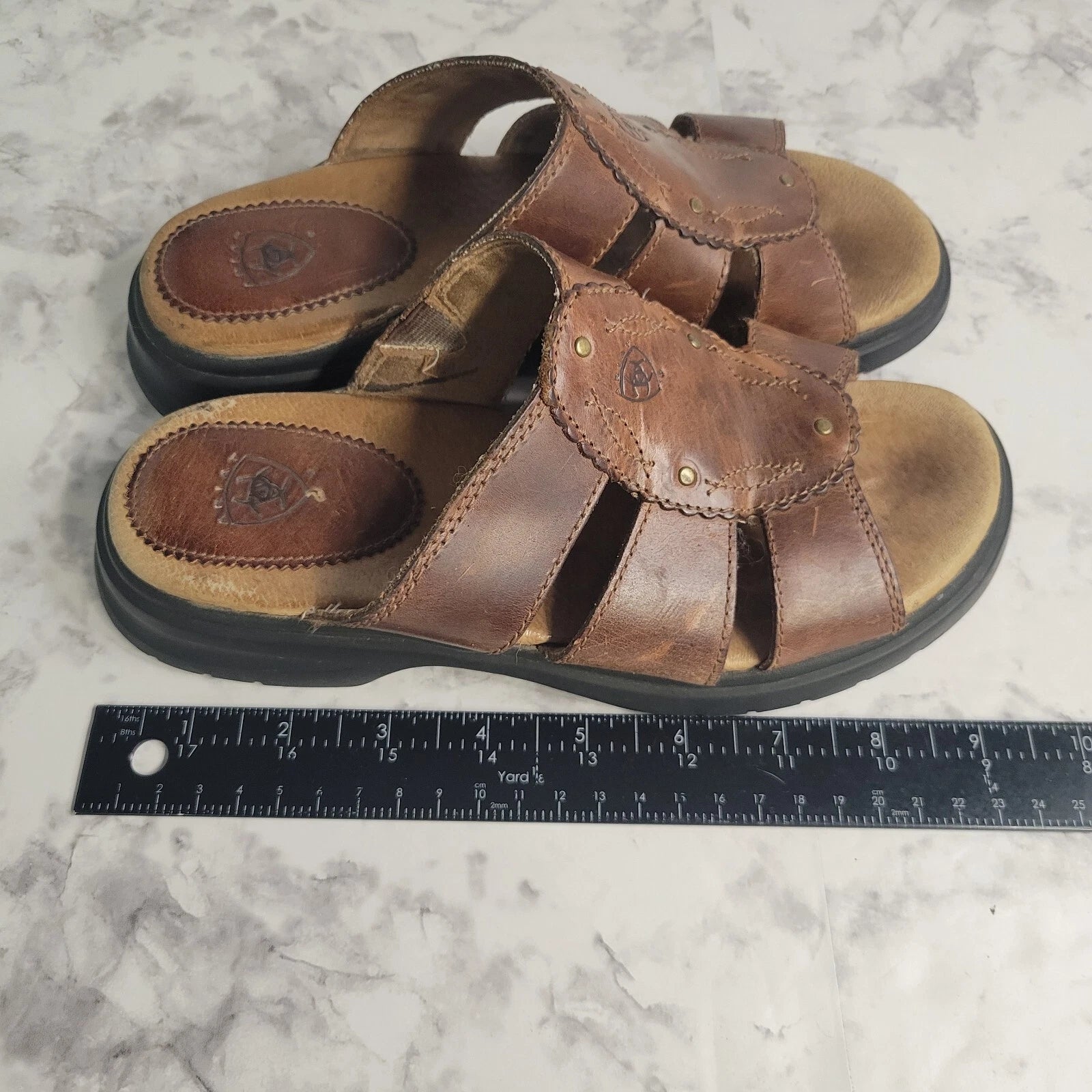 Ariat Brown Leathers Strap Brass Stud Slides Sandal Style 21443 Womens 6B Farm