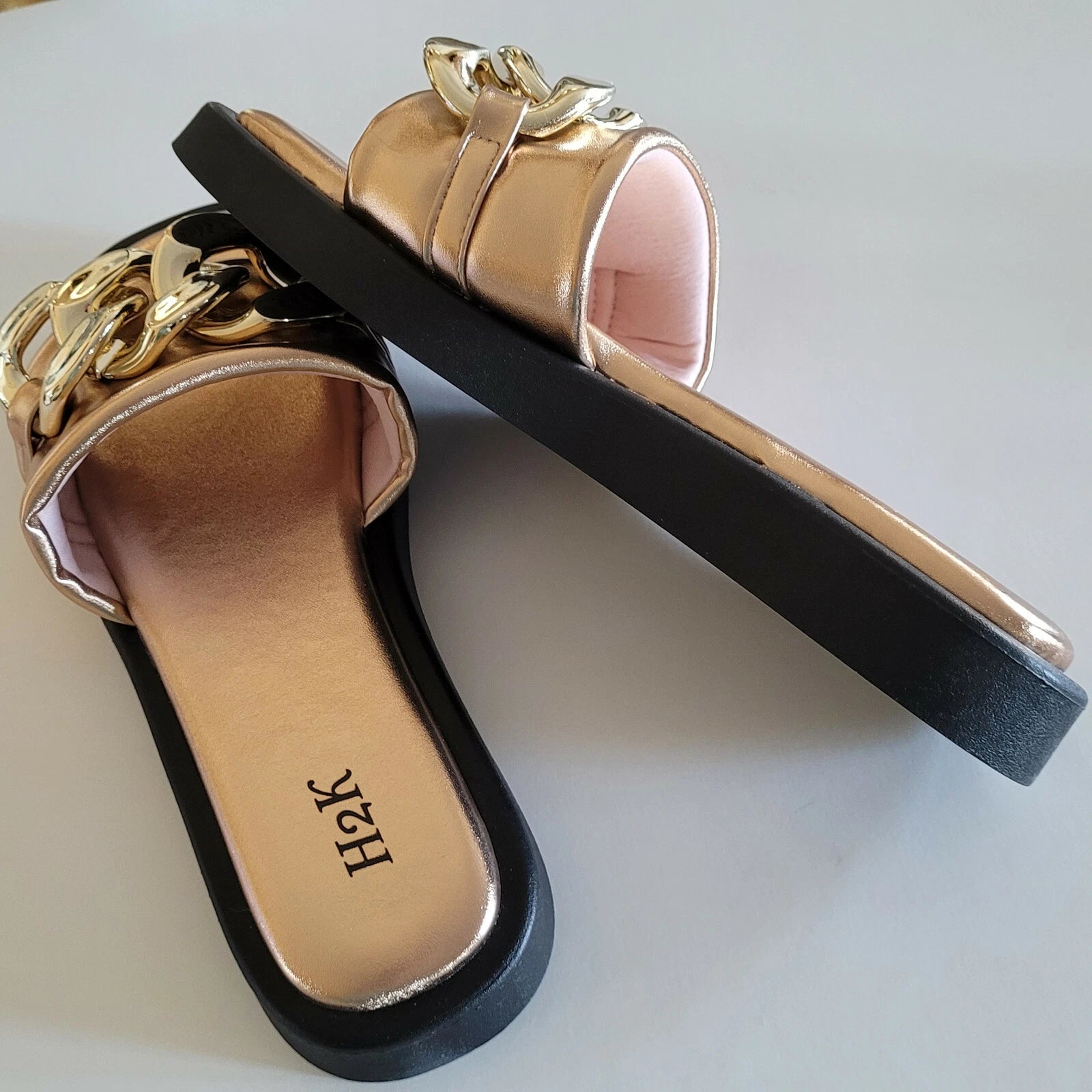 H2K Chain Rose Gold Fashion Comfort Soft Slides Flip Flops Sandals  Open Toe New
