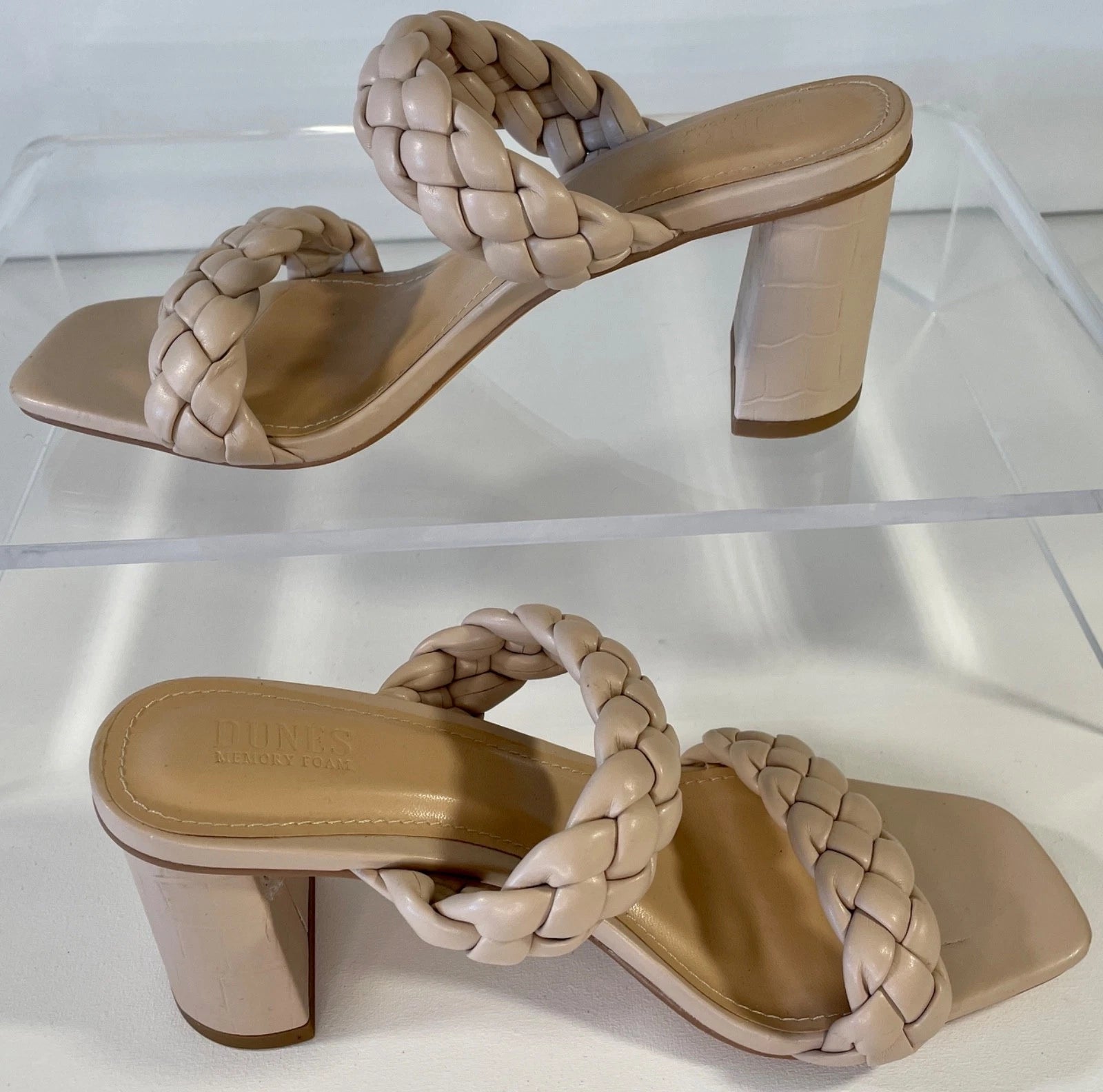 DUNES NY Iris Double Strap Braided Memory Foam Slide Sandal Heels 7.5 Nude Blush
