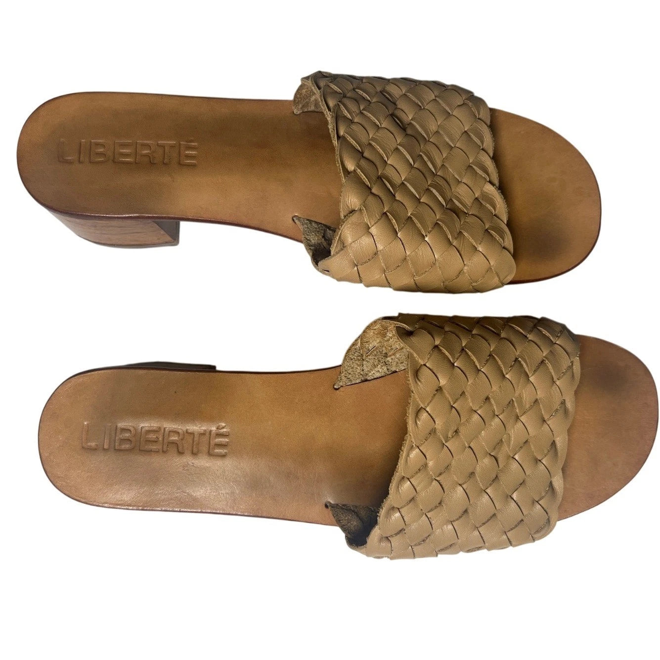 Liberte Woven Slide Sandals Block Heel Tan Leather Size 9