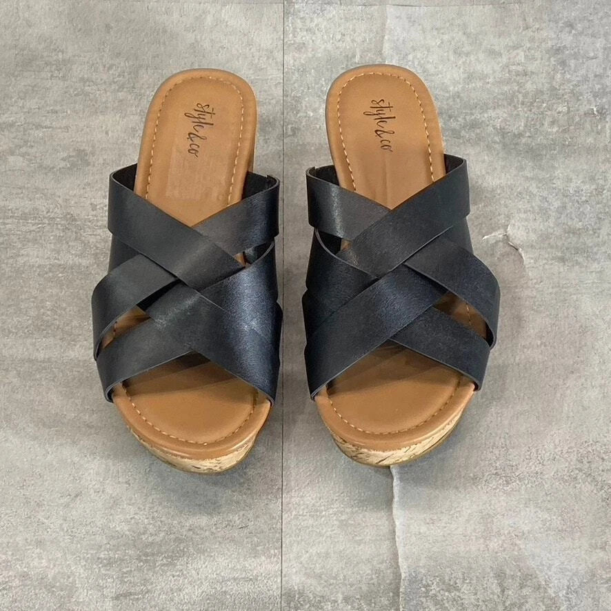 STYLE & CO Women's Black Smooth Violettee Slide Wedge Platform Sandals SZ 6