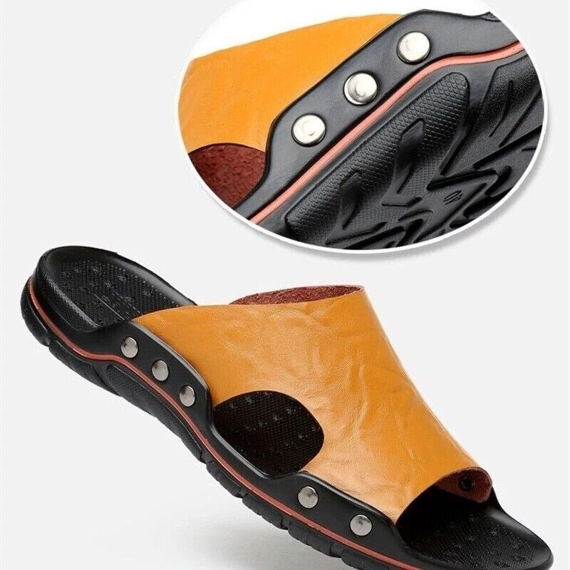 Mens Leather Slippers Summer Beach Fashion Sandals Casual Flats Slides Plus Size