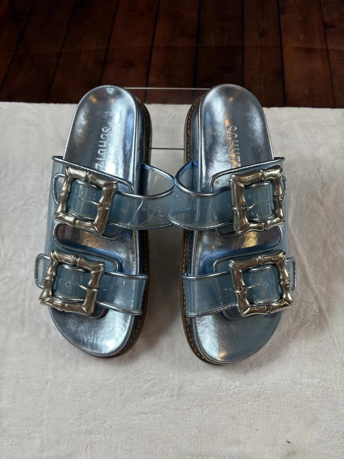 Schultz Enola sporty Metallic Blue Slides With Bamboo Style Buckles