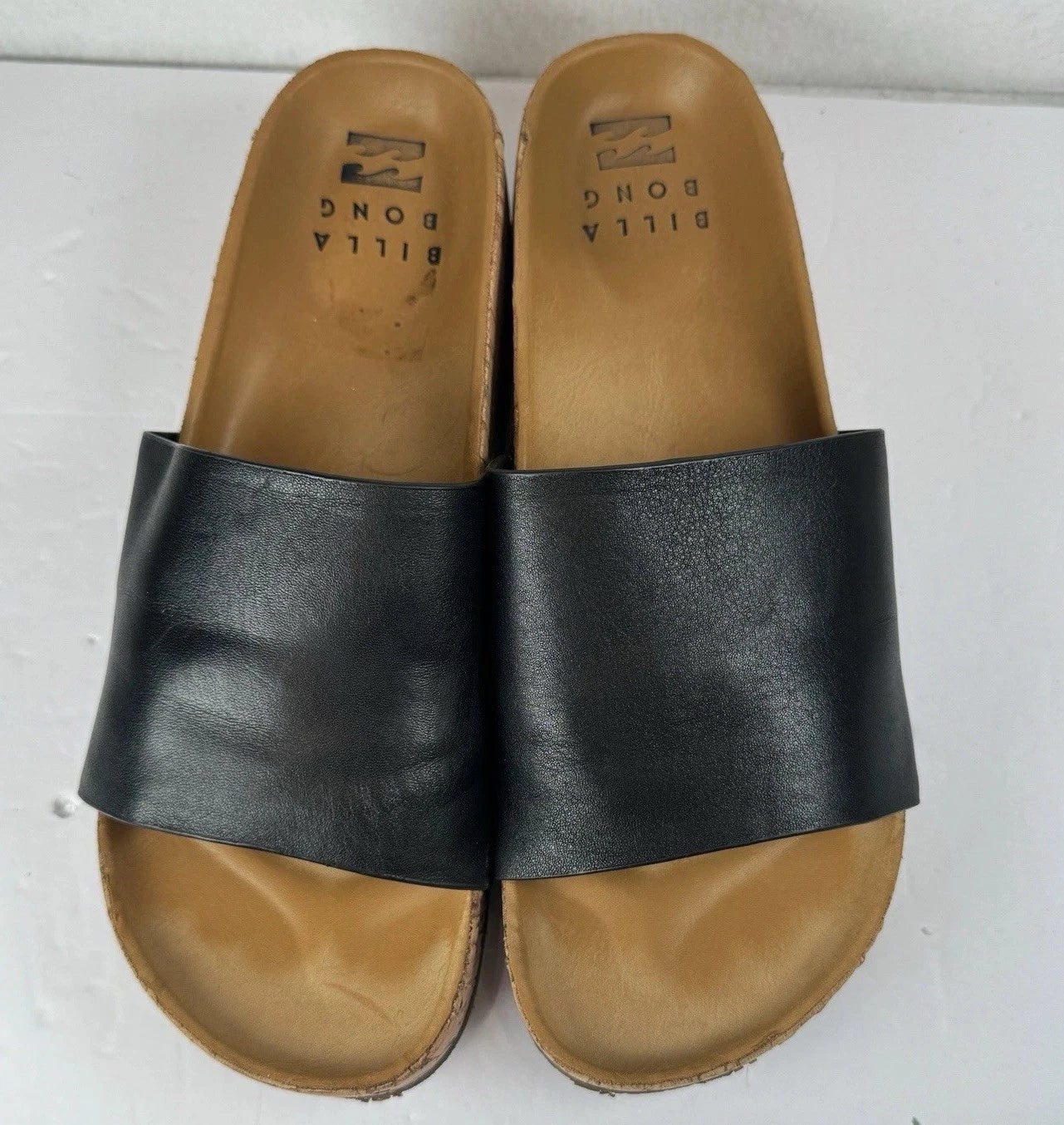 Billabong Black Leather Cork Slide Sandals Women’s 7.5 Comfort Slip On Casual