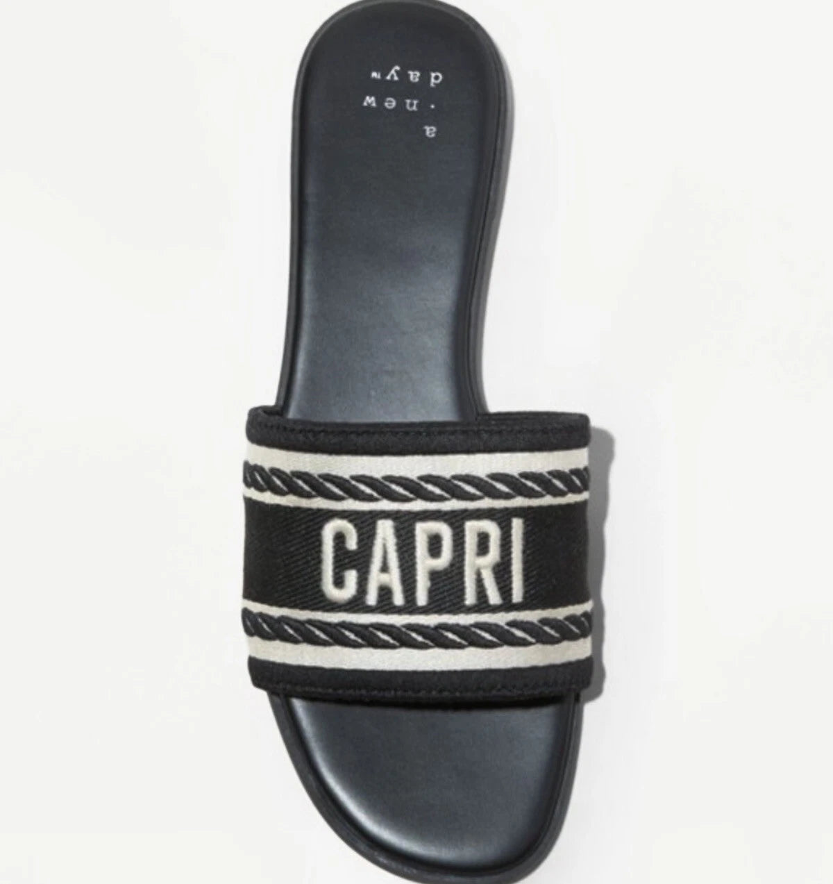 A New Day Women's Black w/ Ivory Embroidered "Capri" Slide Sandals Sz: 10 NWT