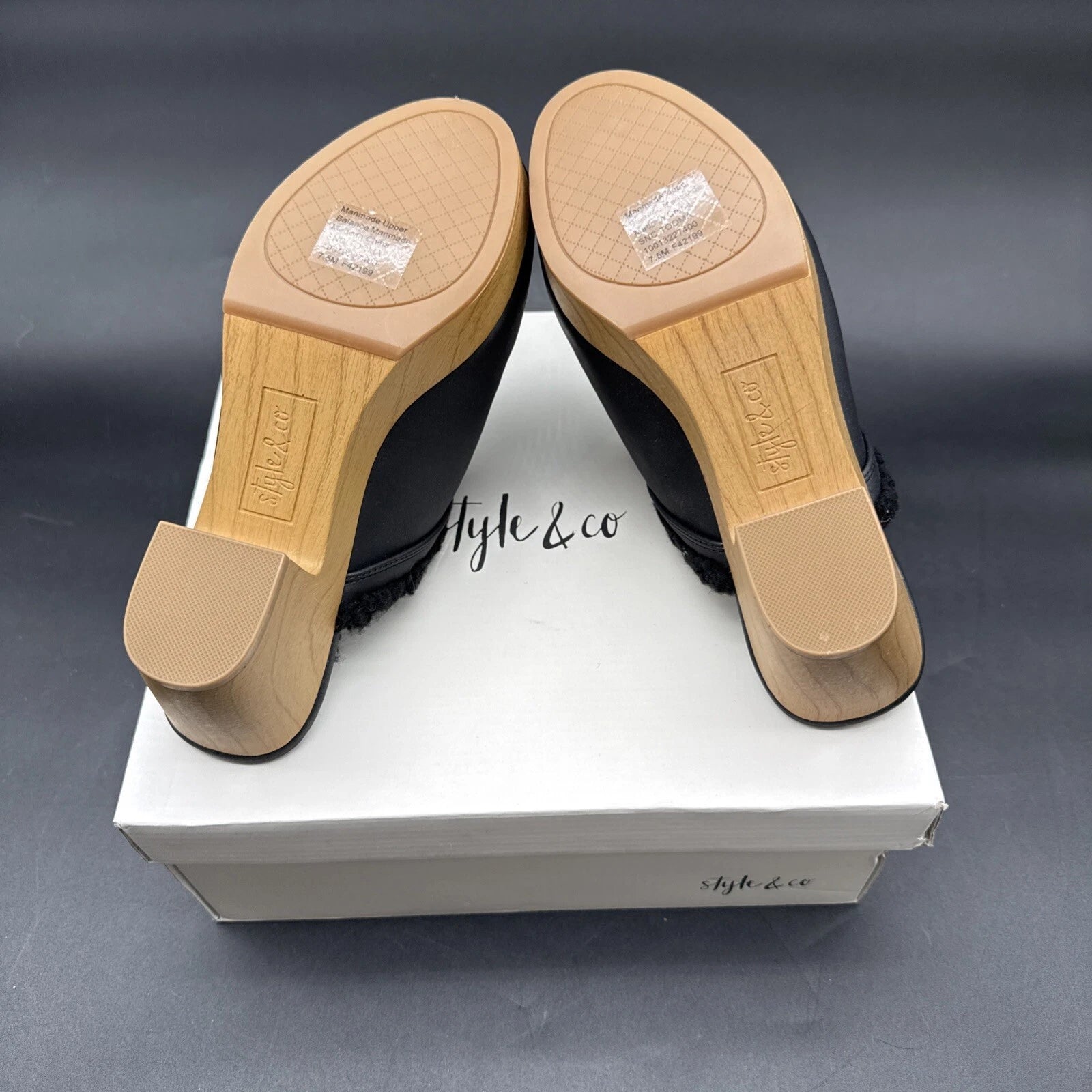 Style & Co Women's Tooma Slide Faux  Black Lined Clog Heeled Mules SZ 7.5 M NIB