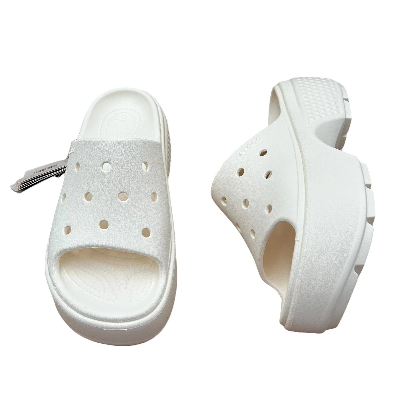 Crocs Women’s Stomp Style Slide Sandals Size 8-8.5 Solid White Chunky Block Heel