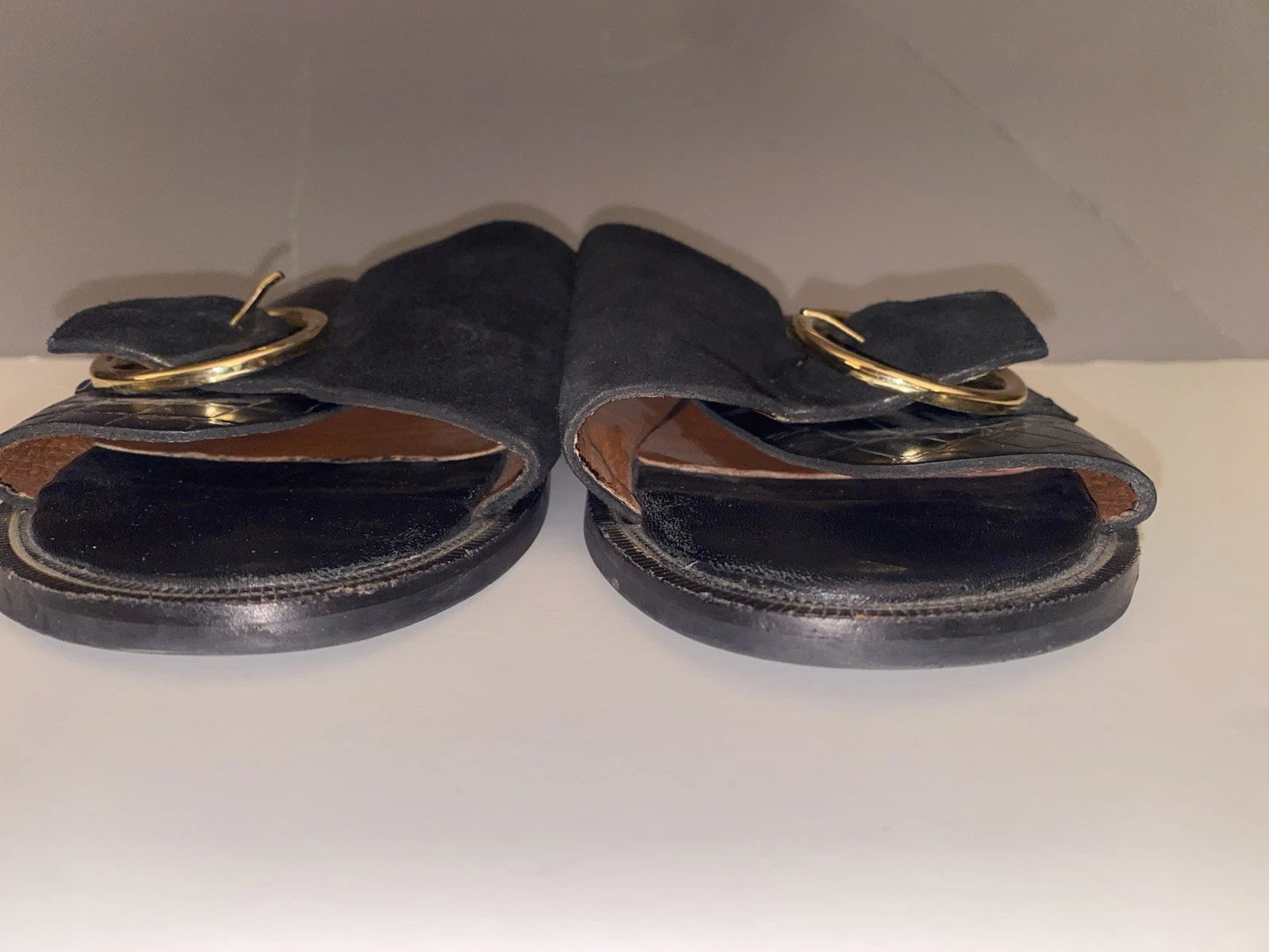 Find Black & Gold Leather Suede Croc Print Slide Sandals | Classic Style 7.5