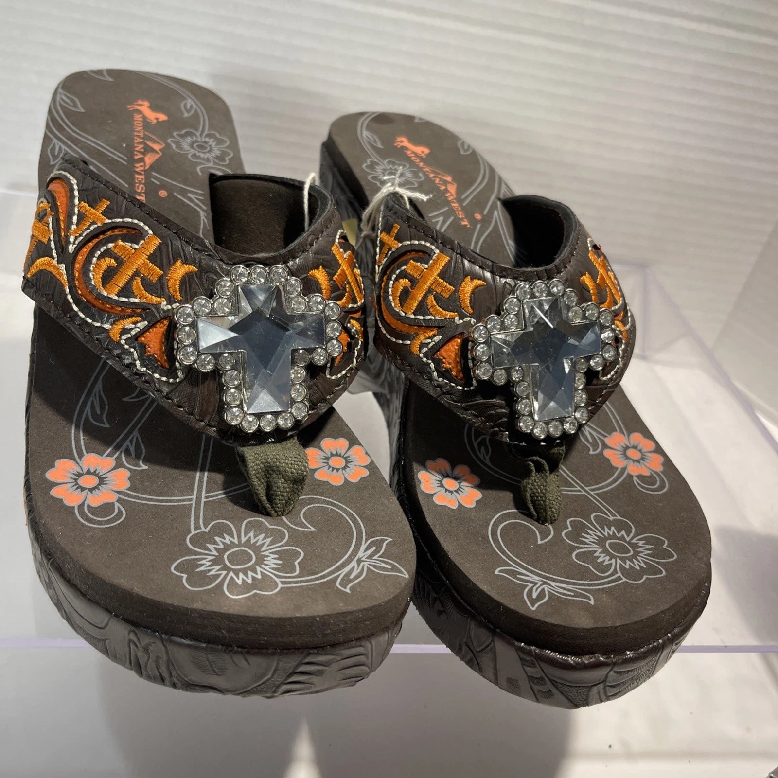 Montana West Embroidered~Rhinestone & Cross Western Style Wedge Sandals Sz 7-7.5