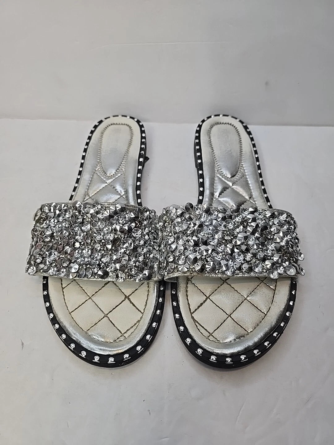 Fashion Nova Sandals Womans 10 Silver Slip On Flats Rhinestones City Club Preppy