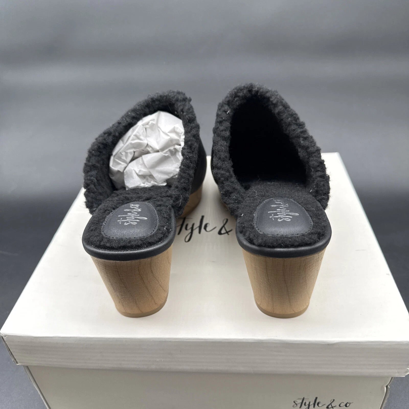 Style & Co Women's Tooma Slide Faux  Black Lined Clog Heeled Mules SZ 7.5 M NIB