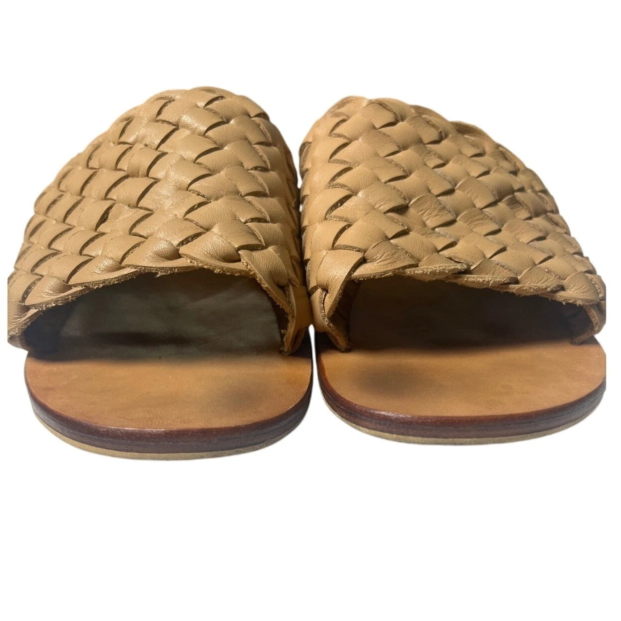 Liberte Woven Slide Sandals Block Heel Tan Leather Size 9