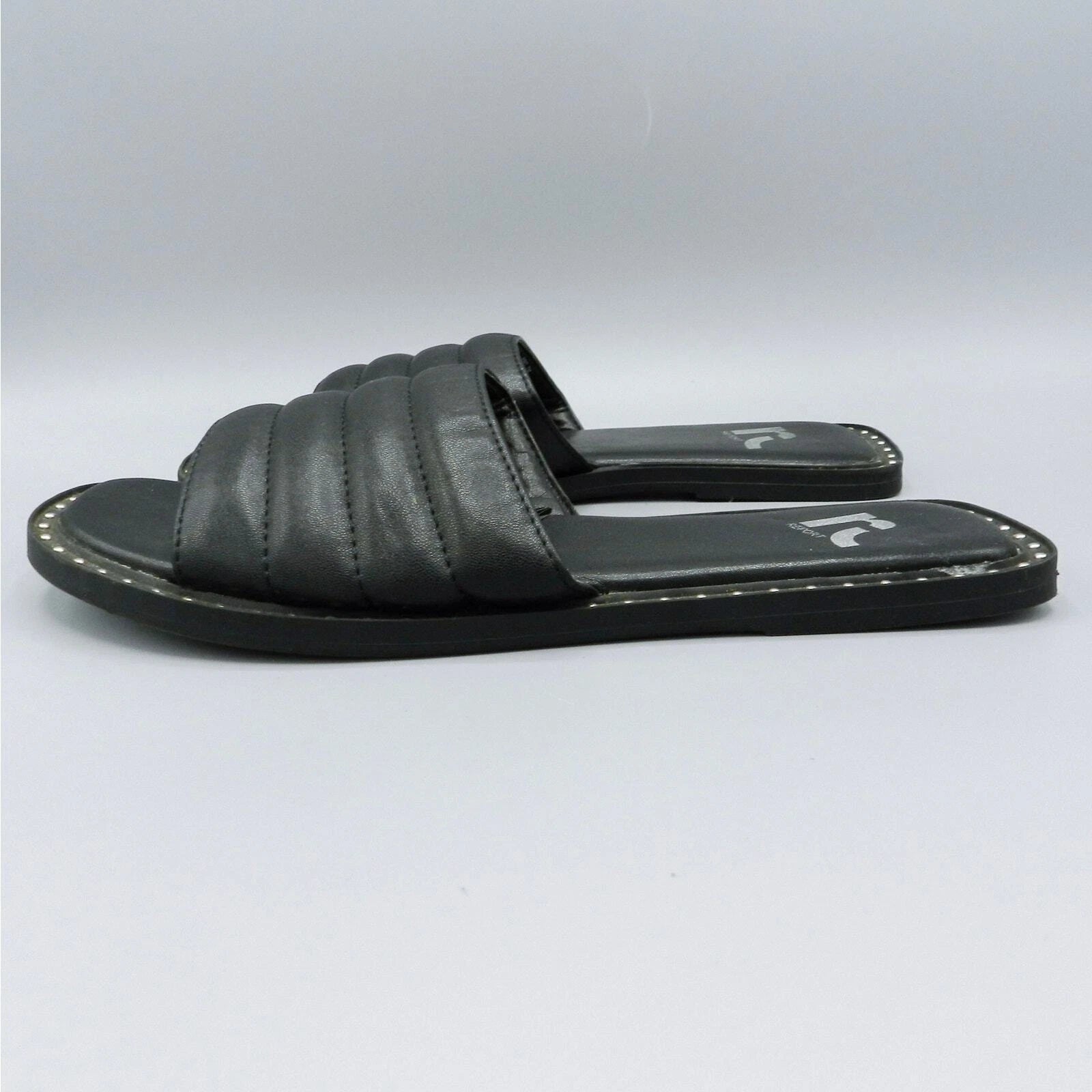Report Rosalee Puff Slide Sandals Studded Sz 7 Black Faux Leather Square Toe