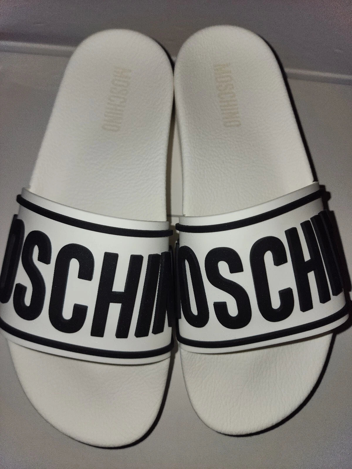 Moschino Womens 8.5 EU 41 Logo Platform Slides Sandals White Black Pool Tulum