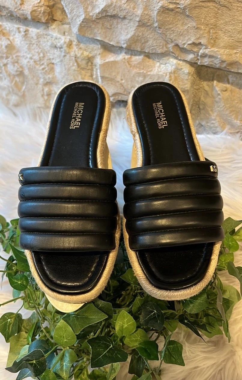 Michael Kors Royce Black Quilted Slides Espadrille Jute - Size 6/7