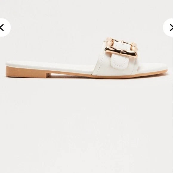 Fashion Nova White Square Toe Chunky Gold Buckle Summer Flat Heel Slide Sandal