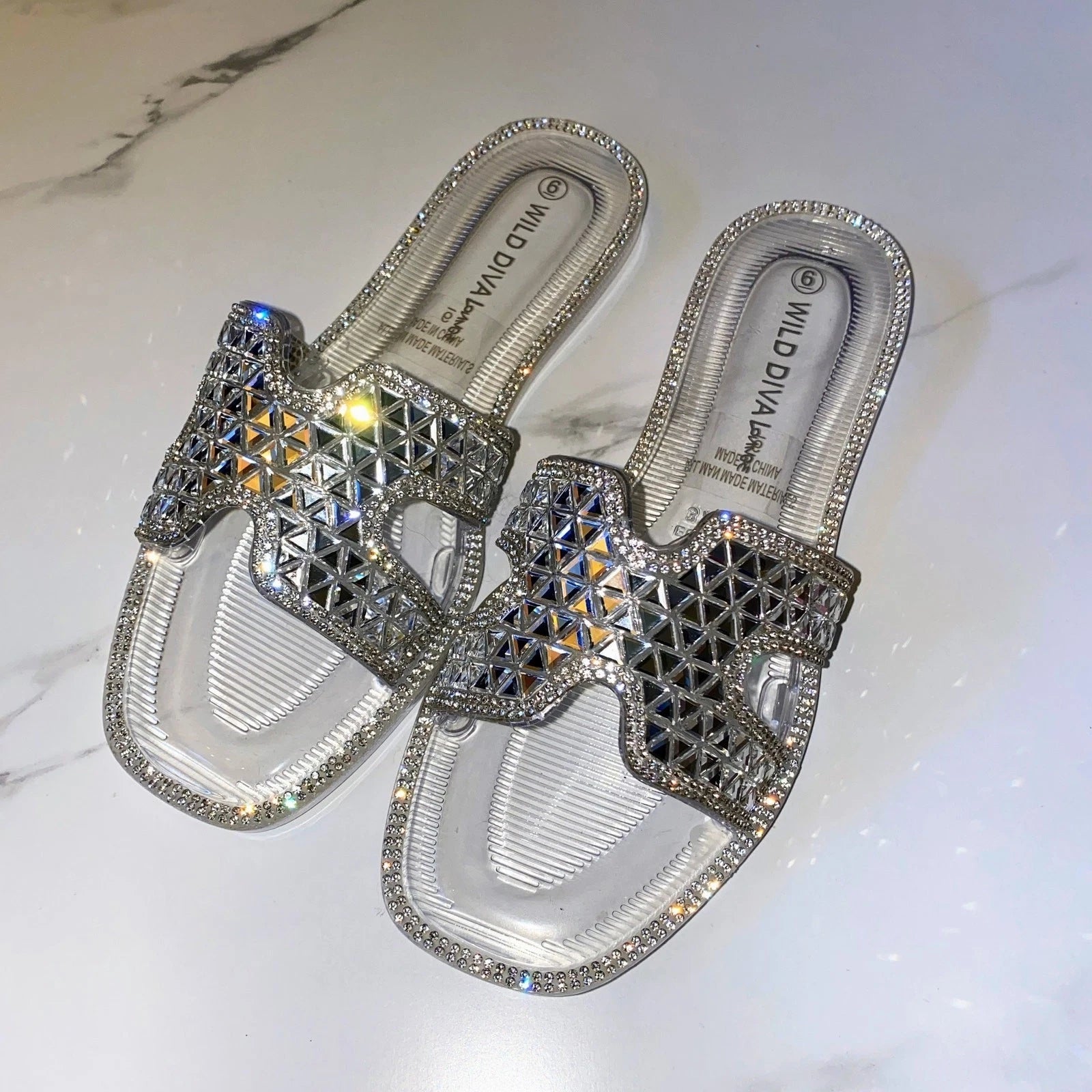 NEW 2x pairs 6 Clear Black Jelly Flat Sandals Wedding Slides Rhinestone Silver