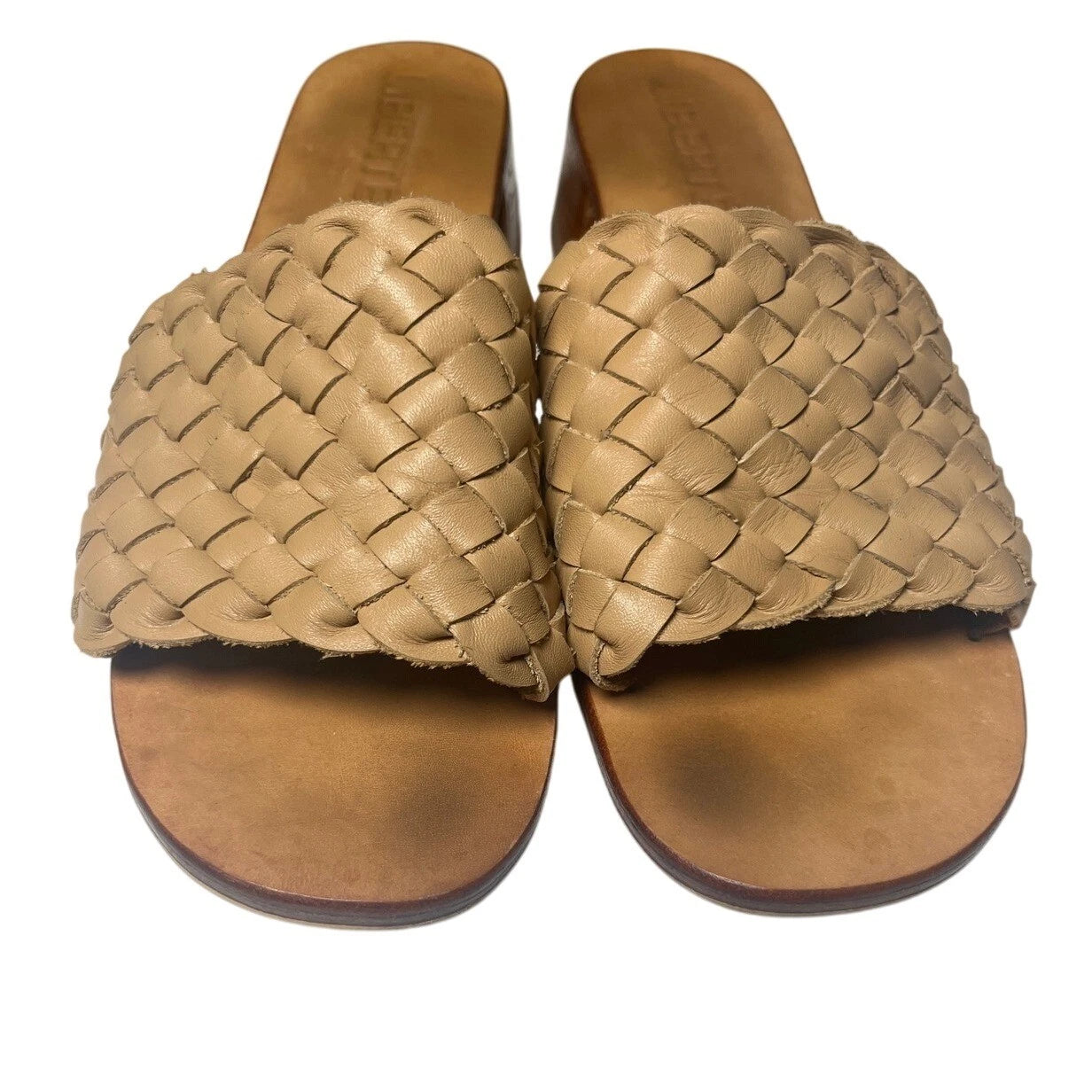 Liberte Woven Slide Sandals Block Heel Tan Leather Size 9