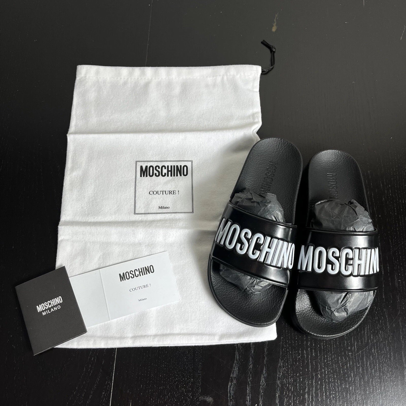 Authentic MOSCHINO Womens Size 35/US 5 Black Logo Pool Slide Sandals NEW