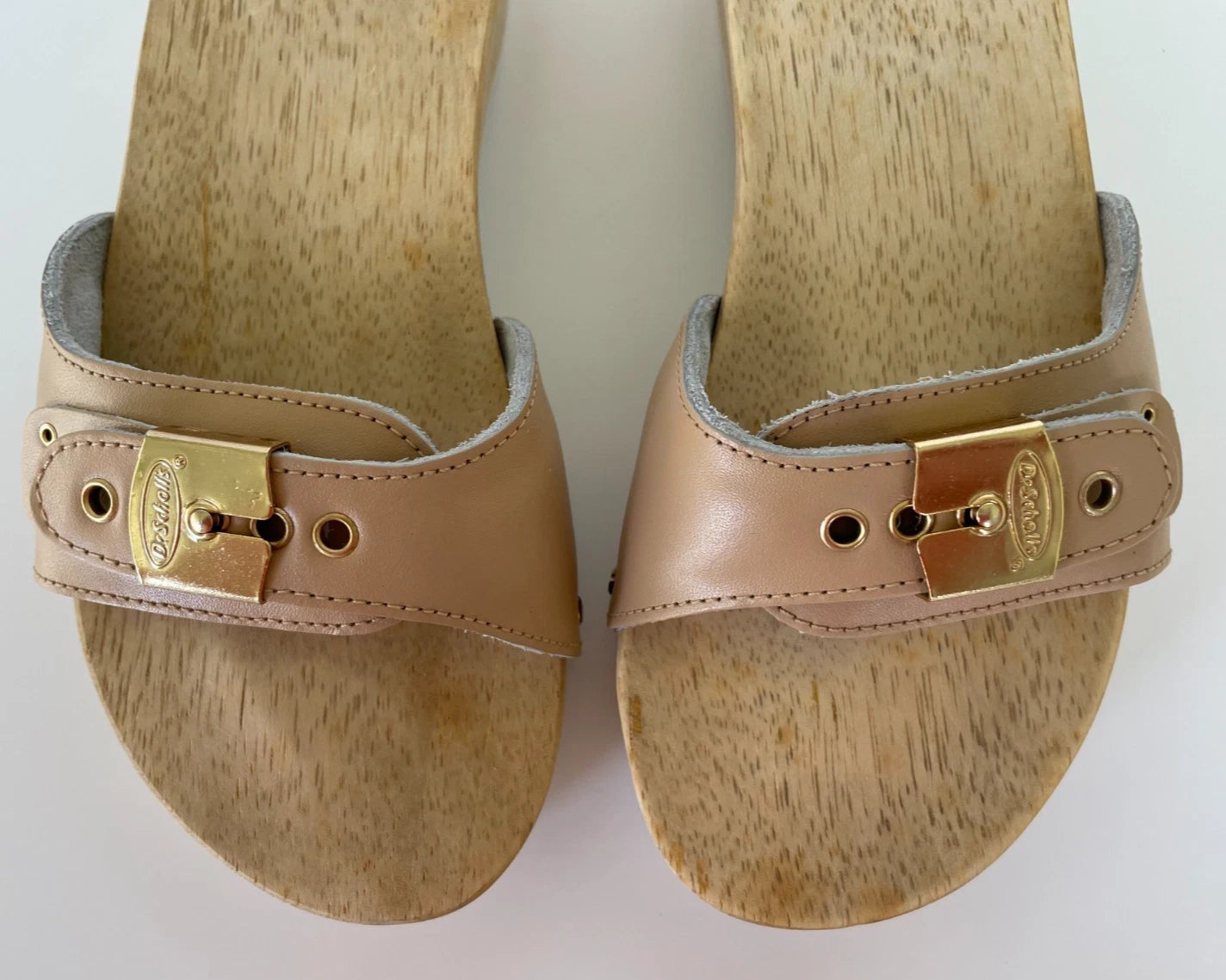 Dr. Scholl's The Original Wooden Sandals Slides Beige Leather Sz 5 M Brazil NEW