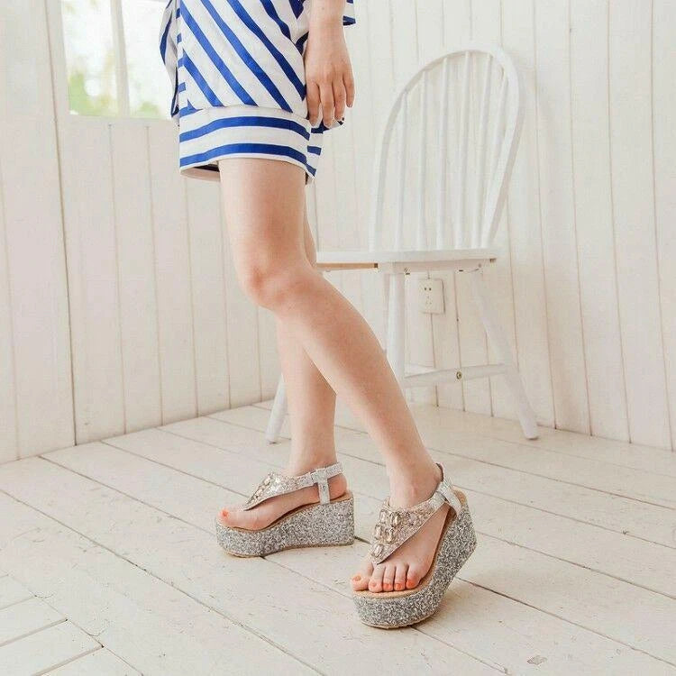 Beaded Women's Flip Flops Platform Sandals Shoes Wedge Heel Bling Roman Fashion
