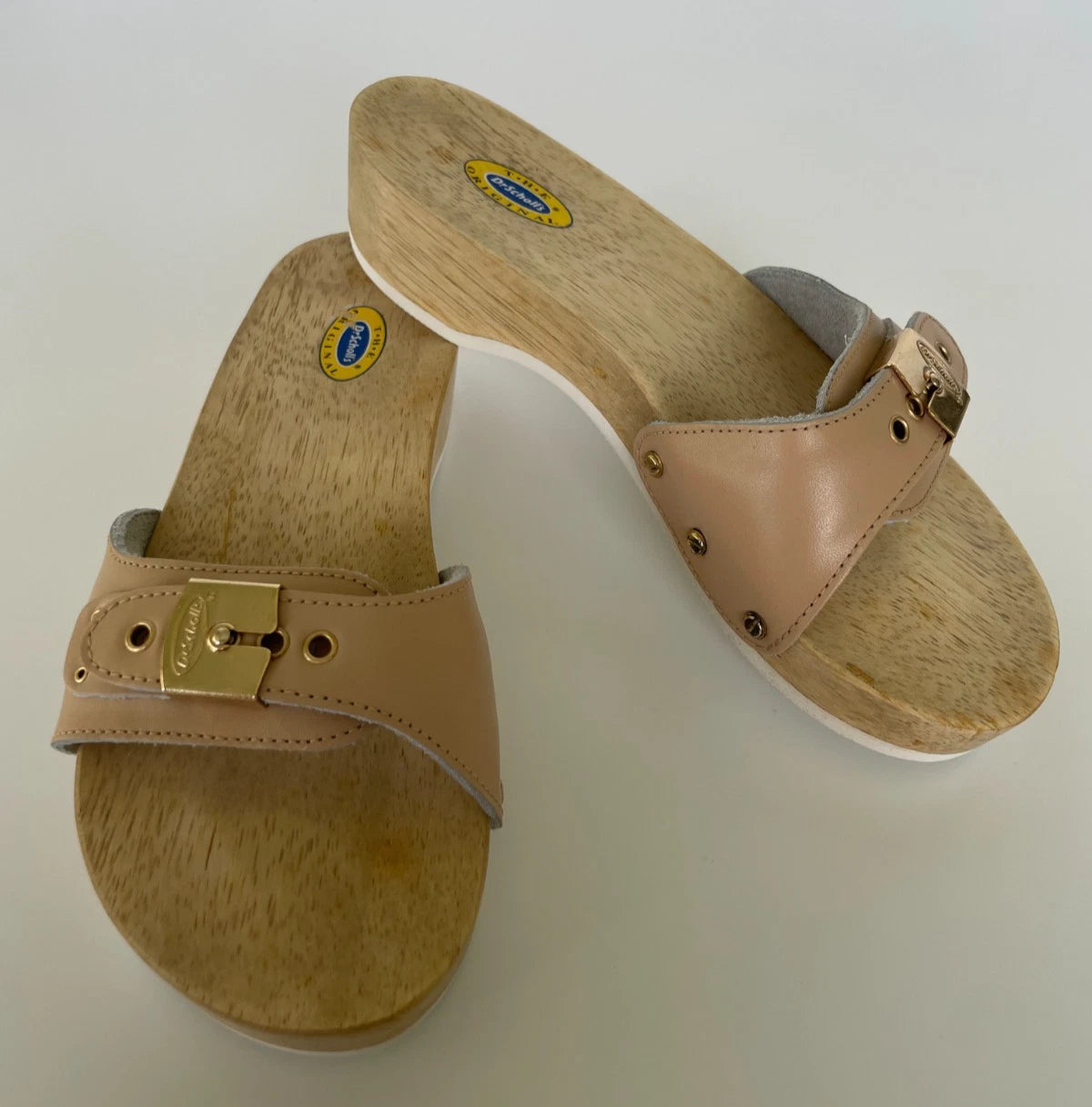 Dr. Scholl's The Original Wooden Sandals Slides Beige Leather Sz 5 M Brazil NEW