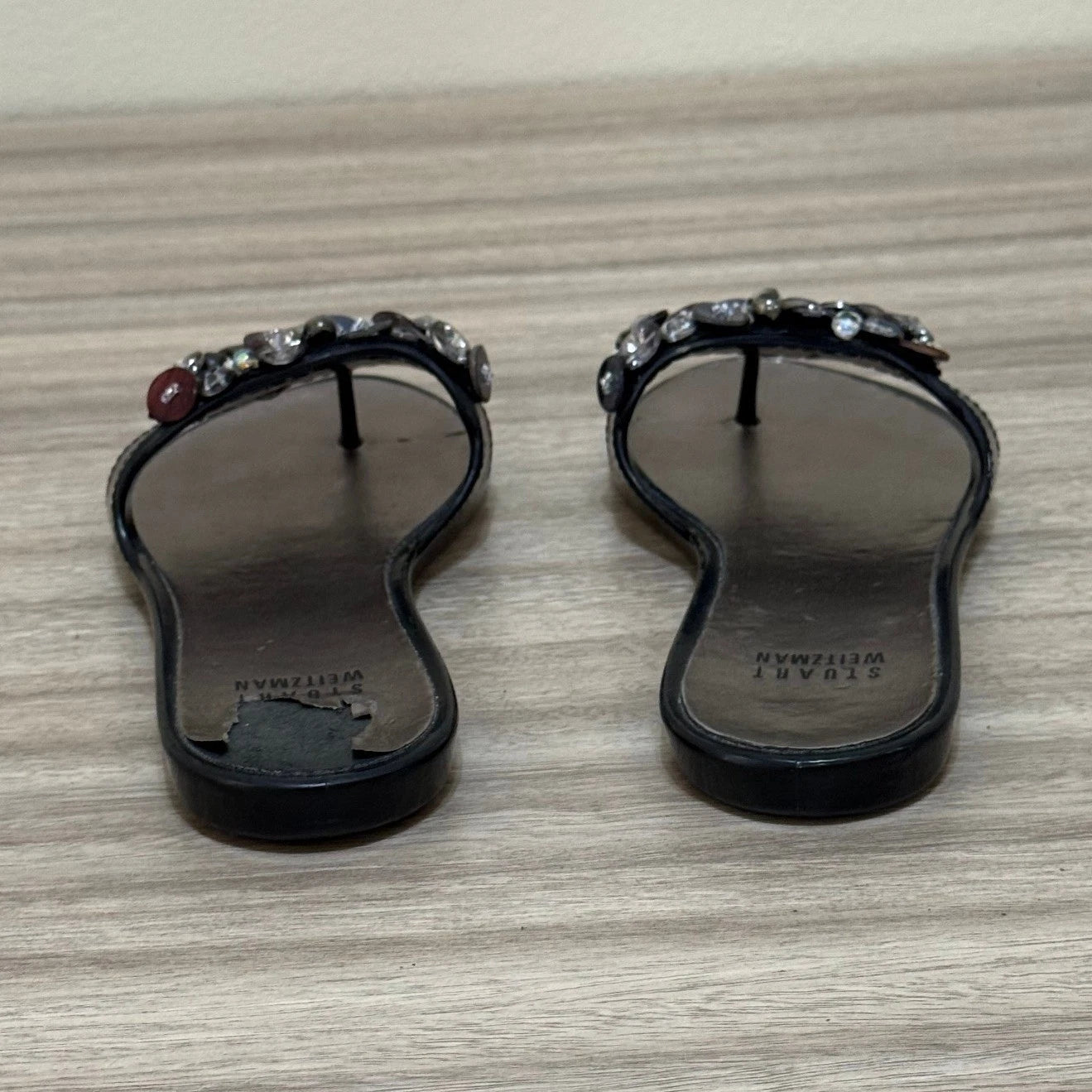 Stuart Weitzman Sandals Women 6 Black Embellished Thong Beaded Glam Slip On