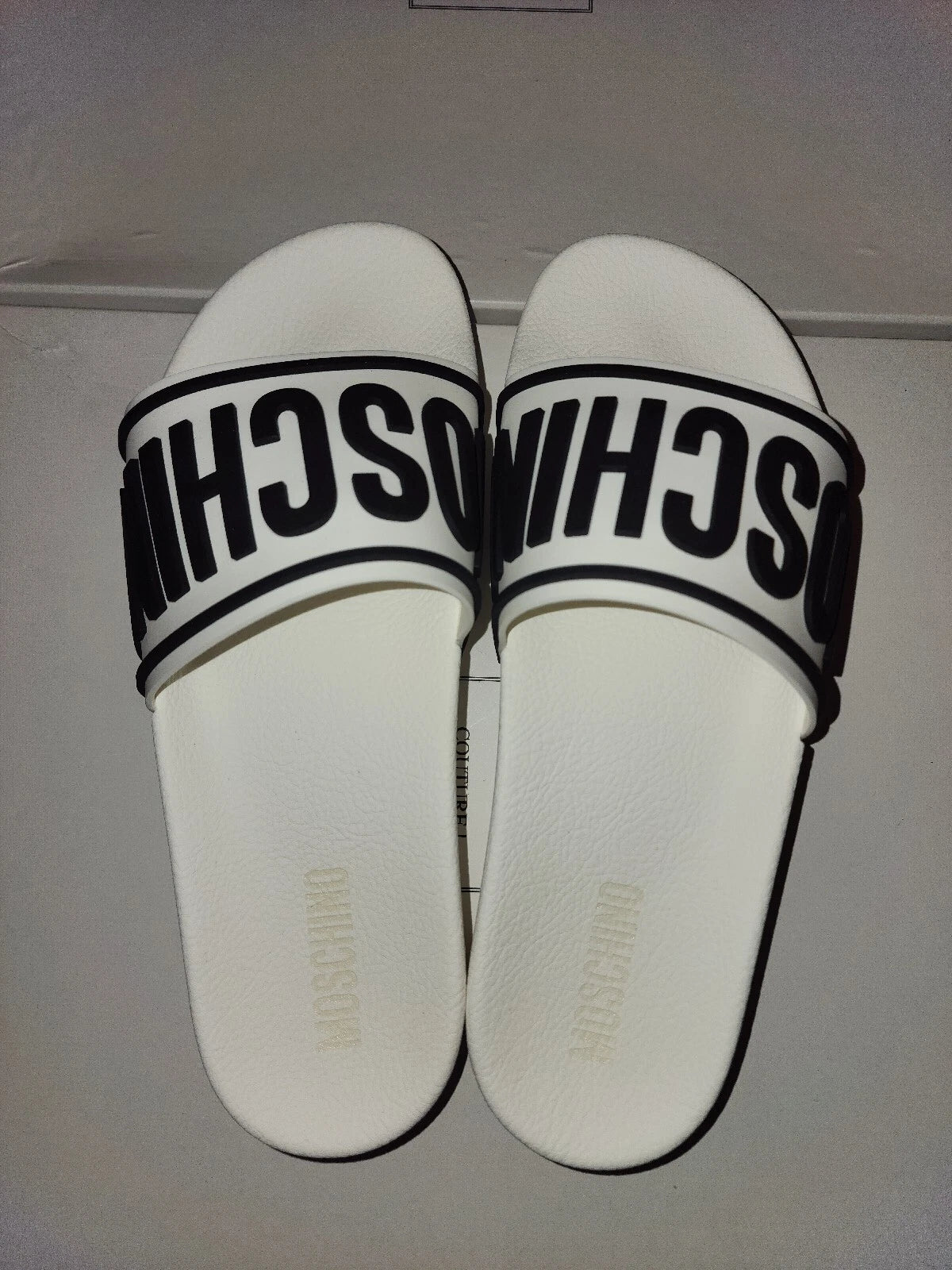 Moschino Womens 8.5 EU 41 Logo Platform Slides Sandals White Black Pool Tulum