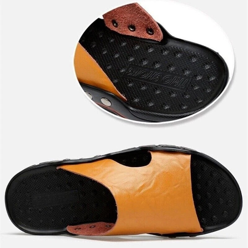 Mens Leather Slippers Summer Beach Fashion Sandals Casual Flats Slides Plus Size