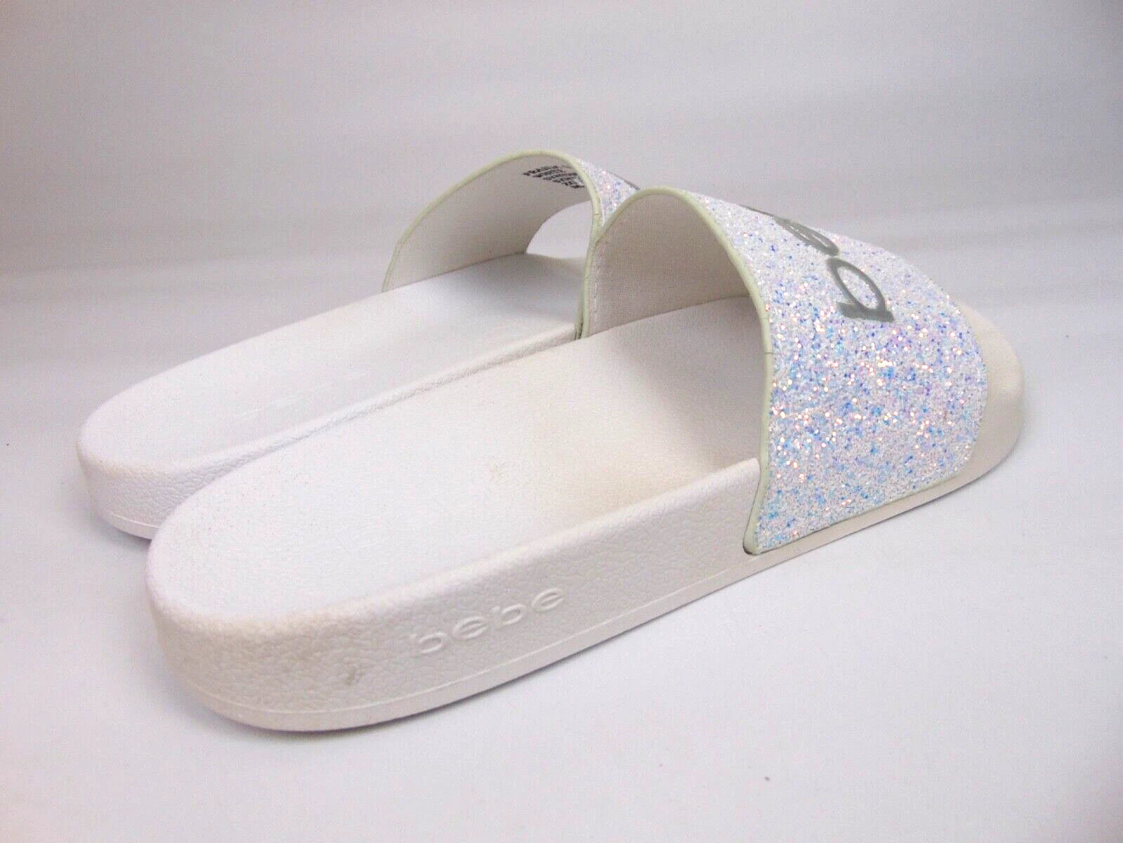 Bebe Womens Fraida Glitter Slide Fashion Sandals Flats Size 7.0 M, White Glitte