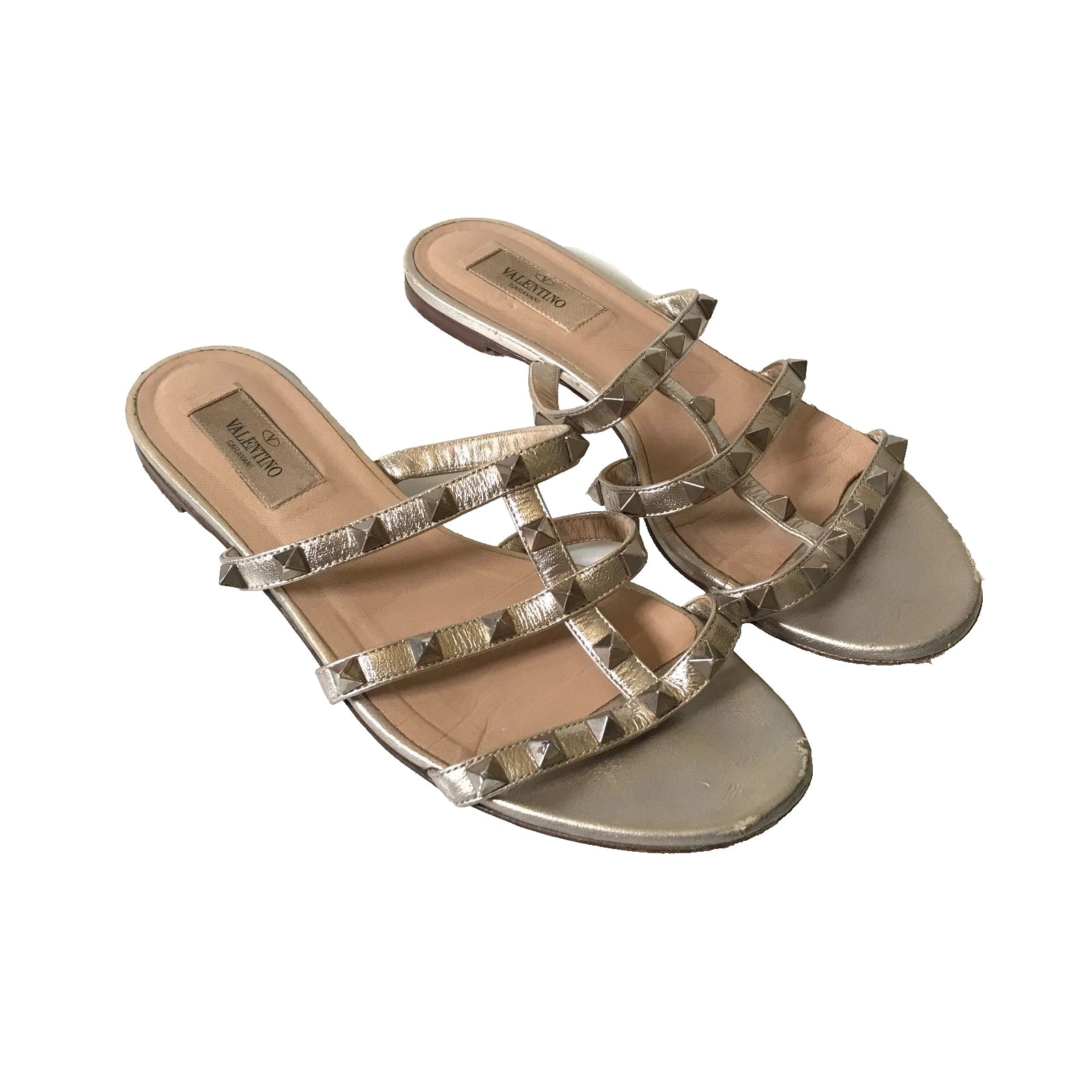 Valentino Rockstud Flat City Slide Sandals Womens 37.5 7.5 Metallic Leather Shoe