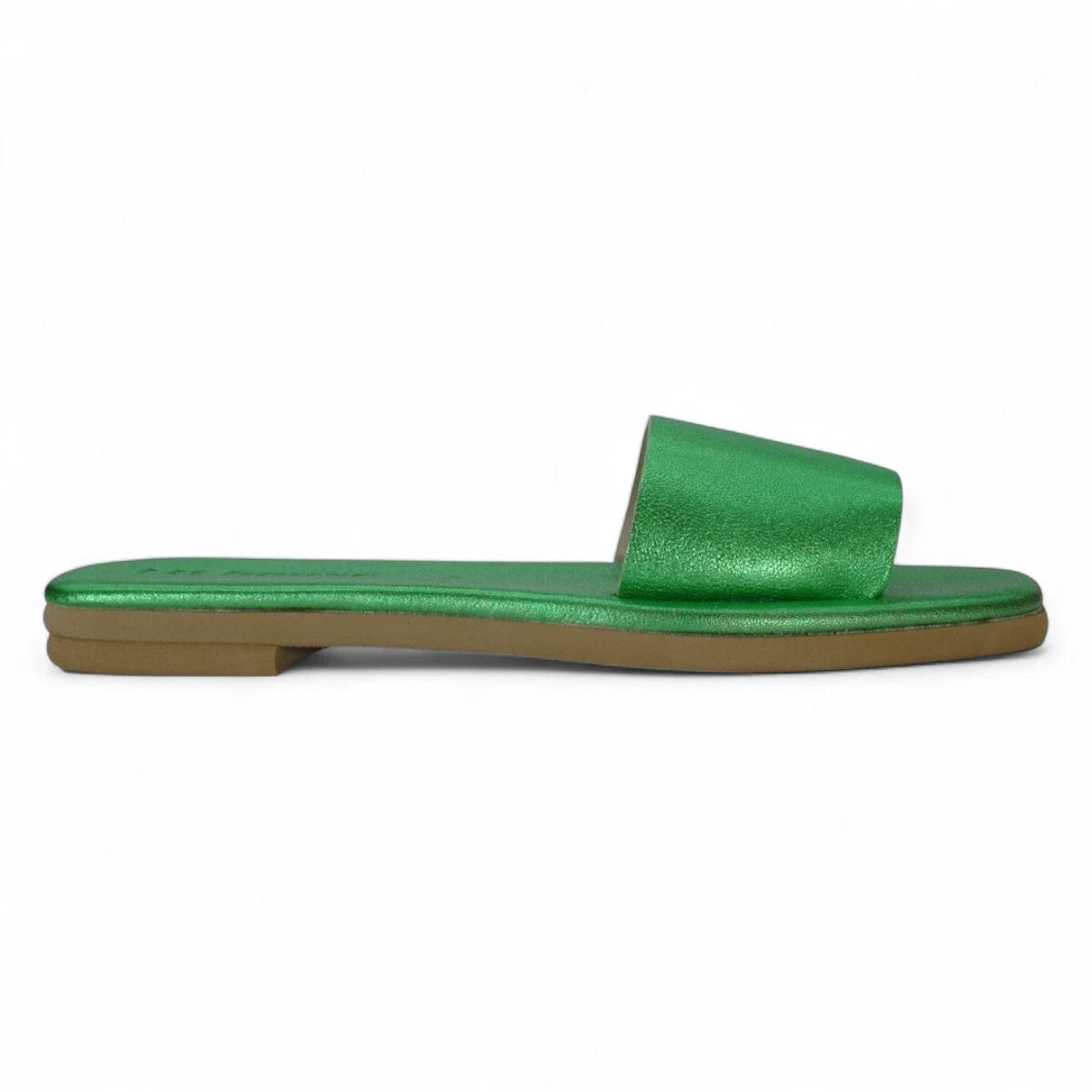Ancient Greek style green metallic flat real leather slide sandals anatomic