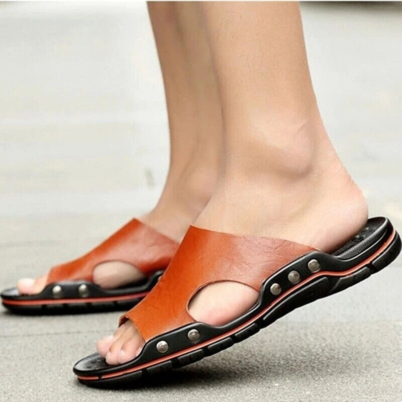 Mens Leather Slippers Summer Beach Fashion Sandals Casual Flats Slides Plus Size
