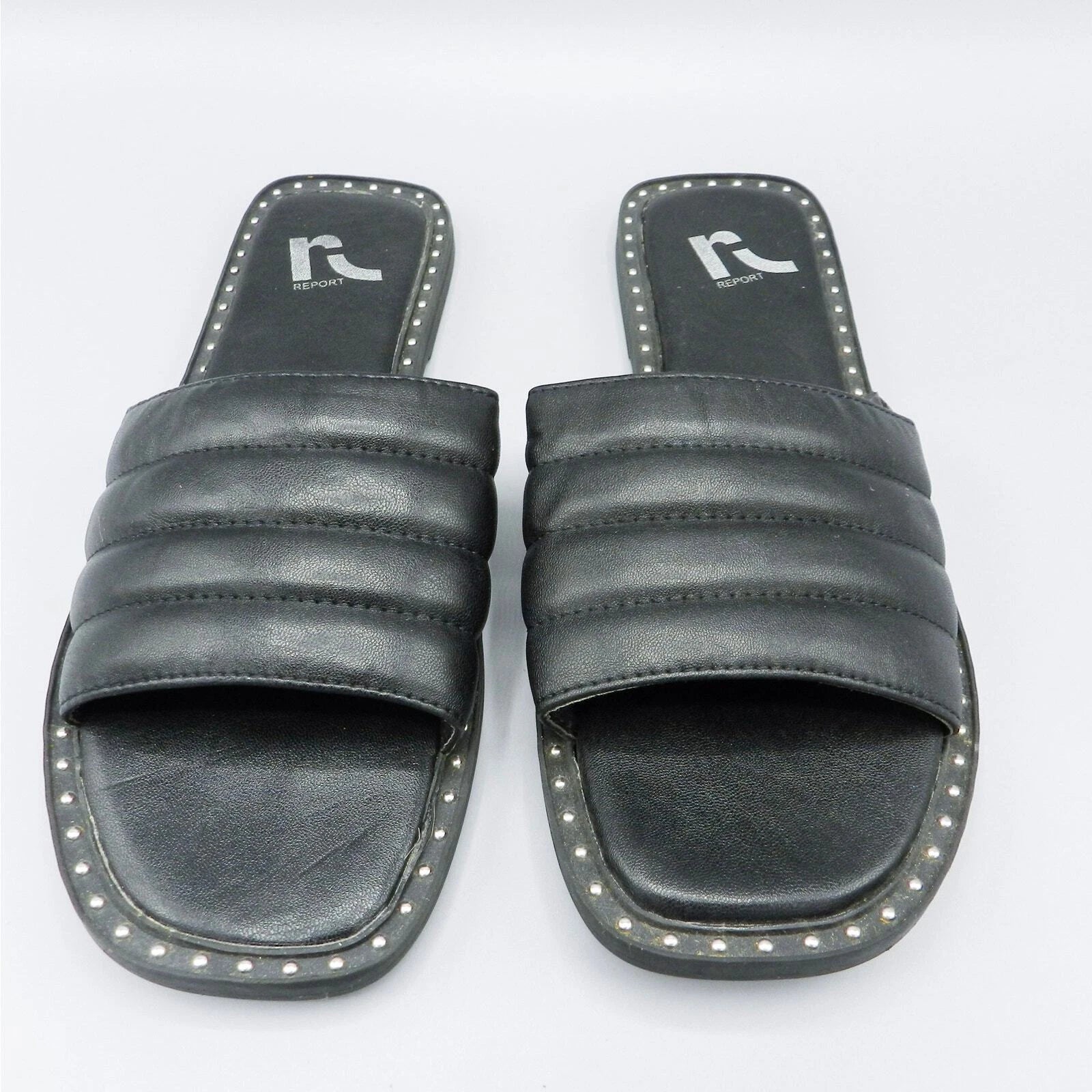Report Rosalee Puff Slide Sandals Studded Sz 7 Black Faux Leather Square Toe