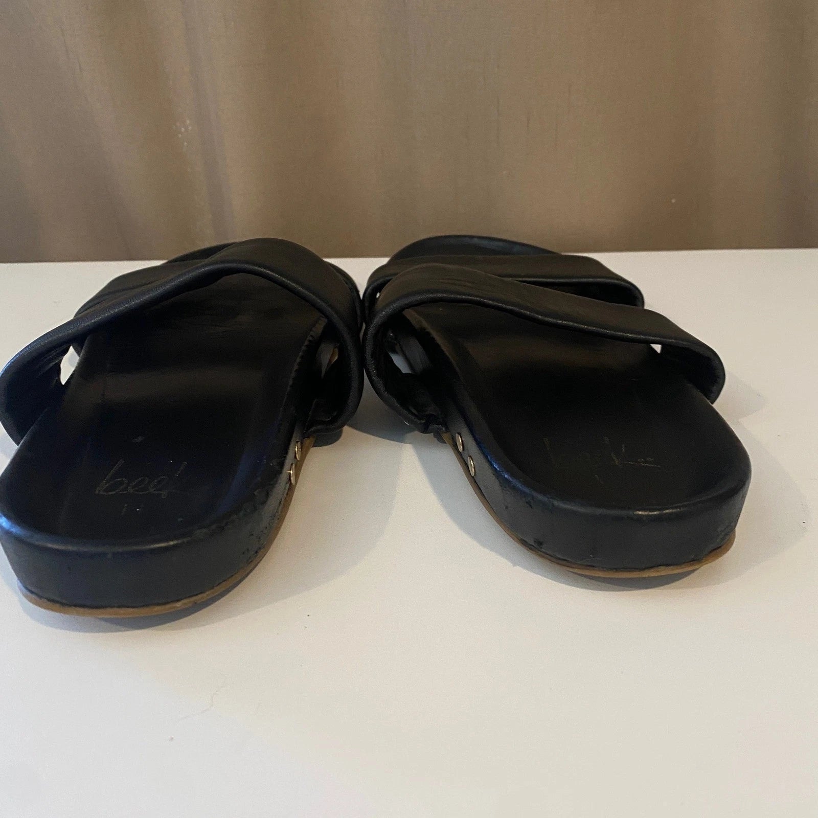beek Black Leather Double Strap Slide Sandals Minimalist Style