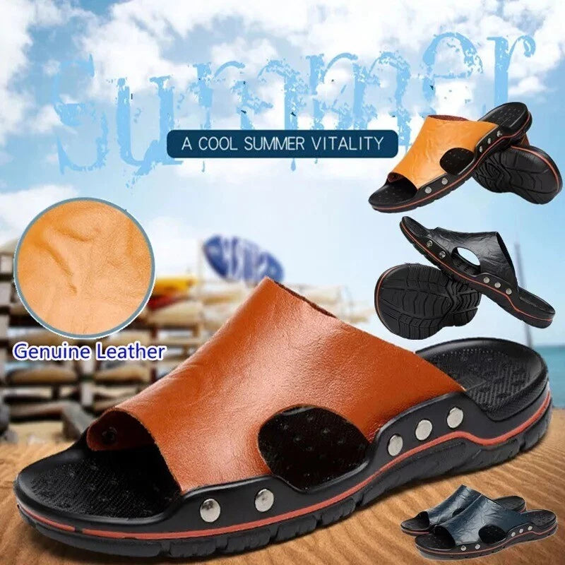 Mens Leather Slippers Summer Beach Fashion Sandals Casual Flats Slides Plus Size