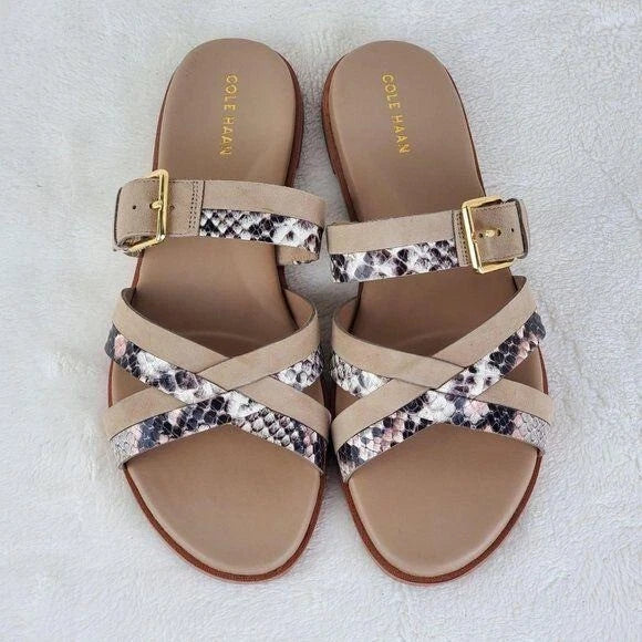 Cole Haan Python-Print Fairen Leather Strappy Buckle Slide Flat Sandals Size 8M