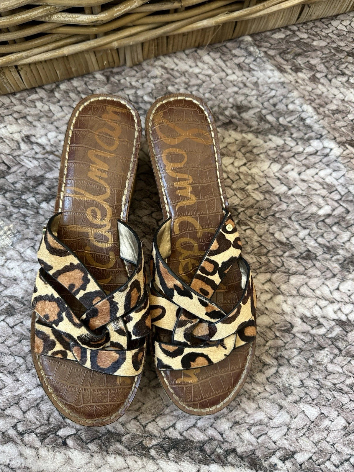 SAM EDELMAN Slide Sandals Sz 9.5Leopard Print Pony Hair Cork Platform Wedge REID