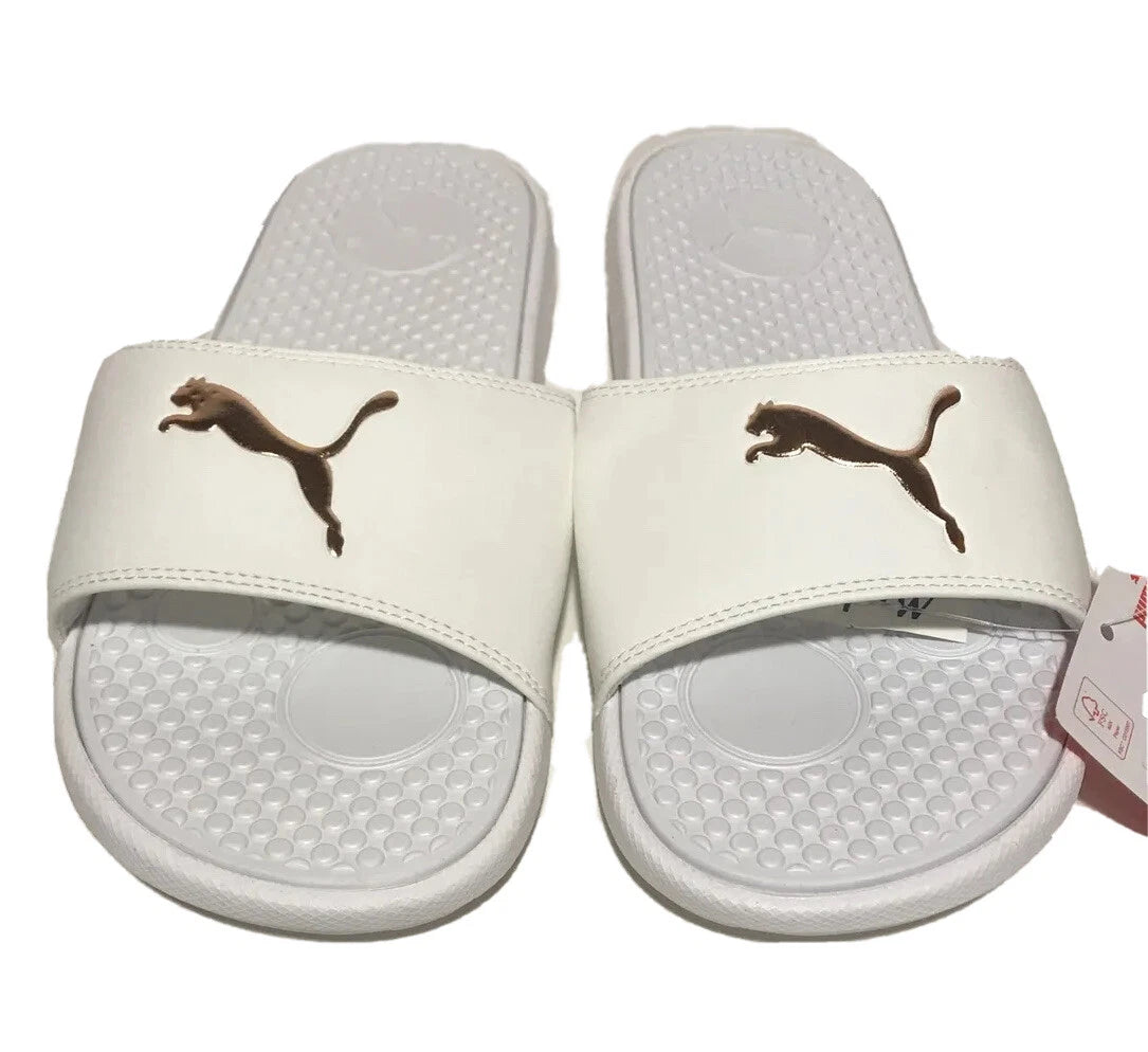 PUMA  Women's  Slides Sandals White Gold Casual Fashion  Womens Size 8 Retro