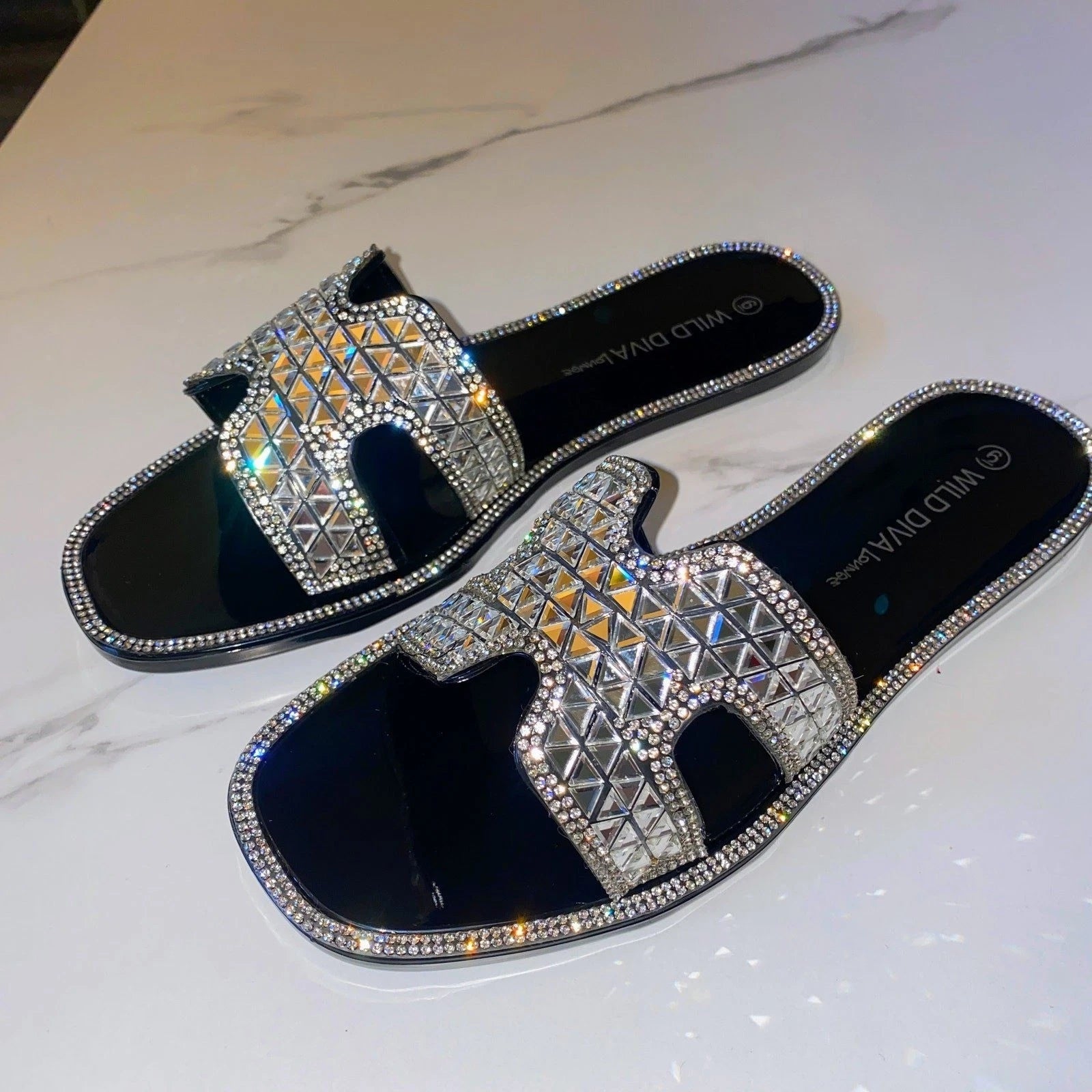 NEW 2x pairs 6 Clear Black Jelly Flat Sandals Wedding Slides Rhinestone Silver