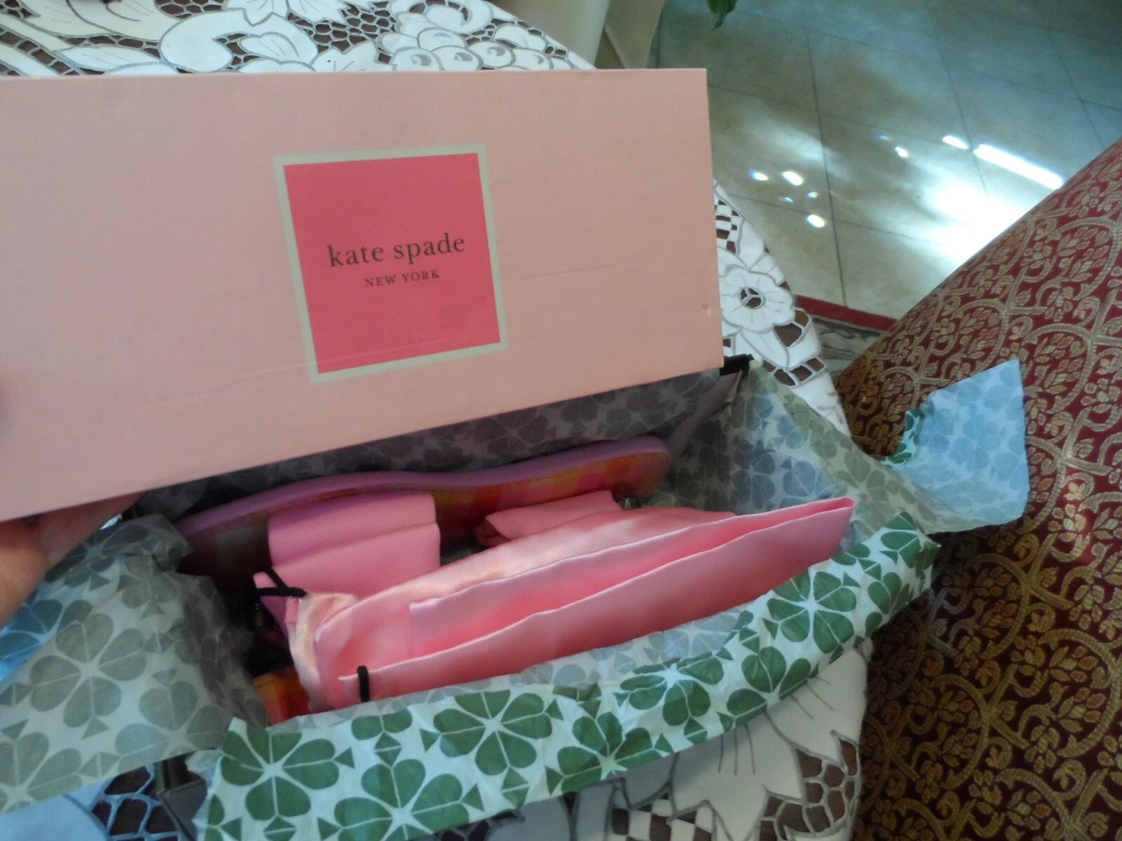 New Kate Spade New York Pink Madras Bikini Bow Slide Size 6.5B