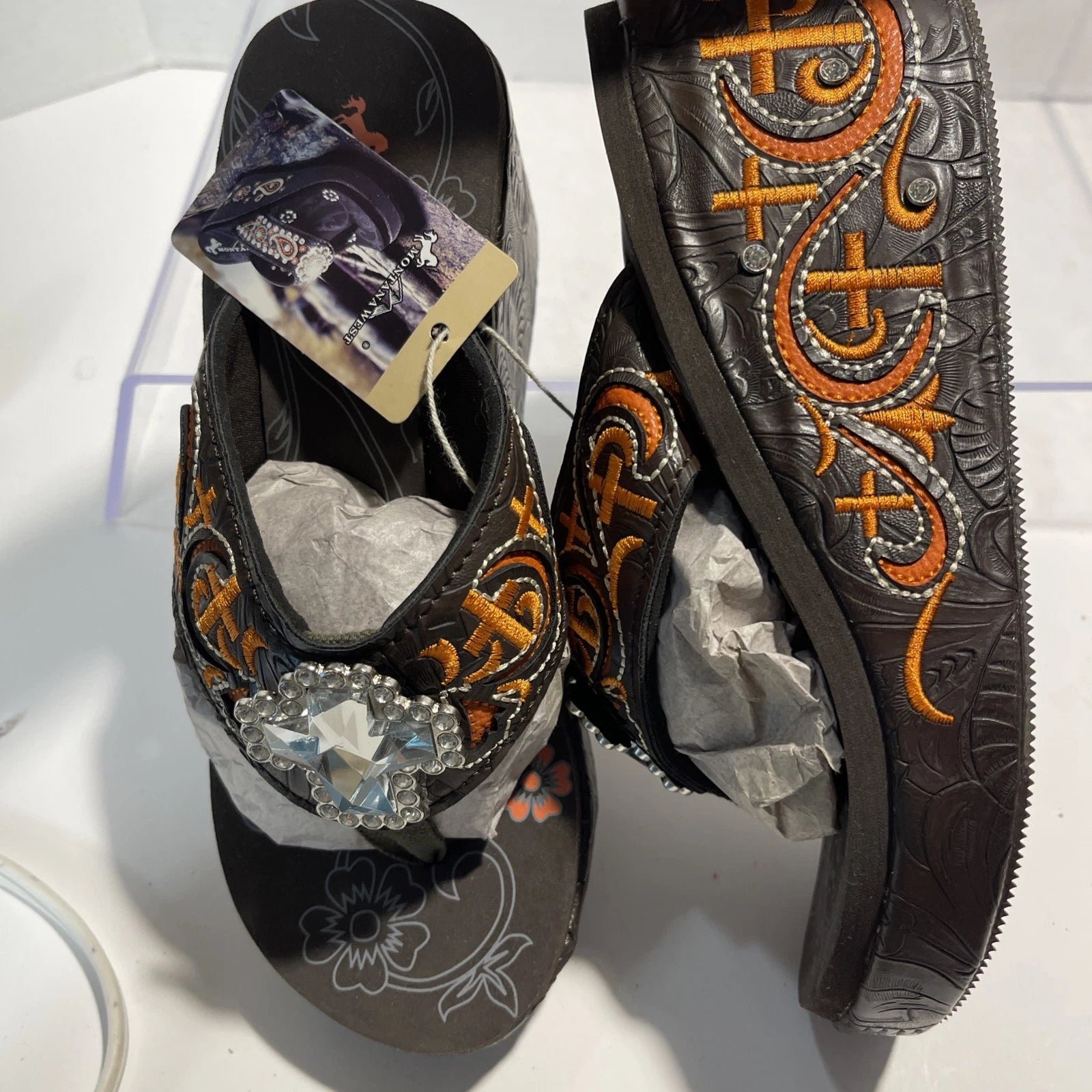 Montana West Embroidered~Rhinestone & Cross Western Style Wedge Sandals Sz 7-7.5