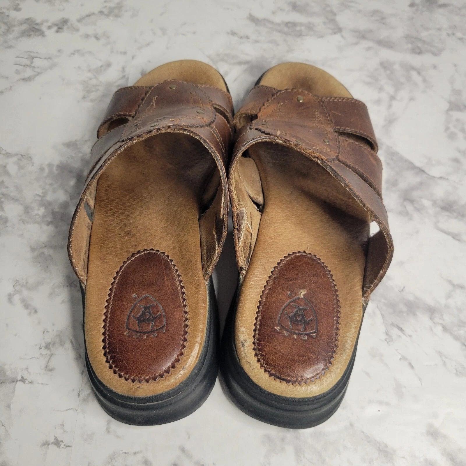 Ariat Brown Leathers Strap Brass Stud Slides Sandal Style 21443 Womens 6B Farm